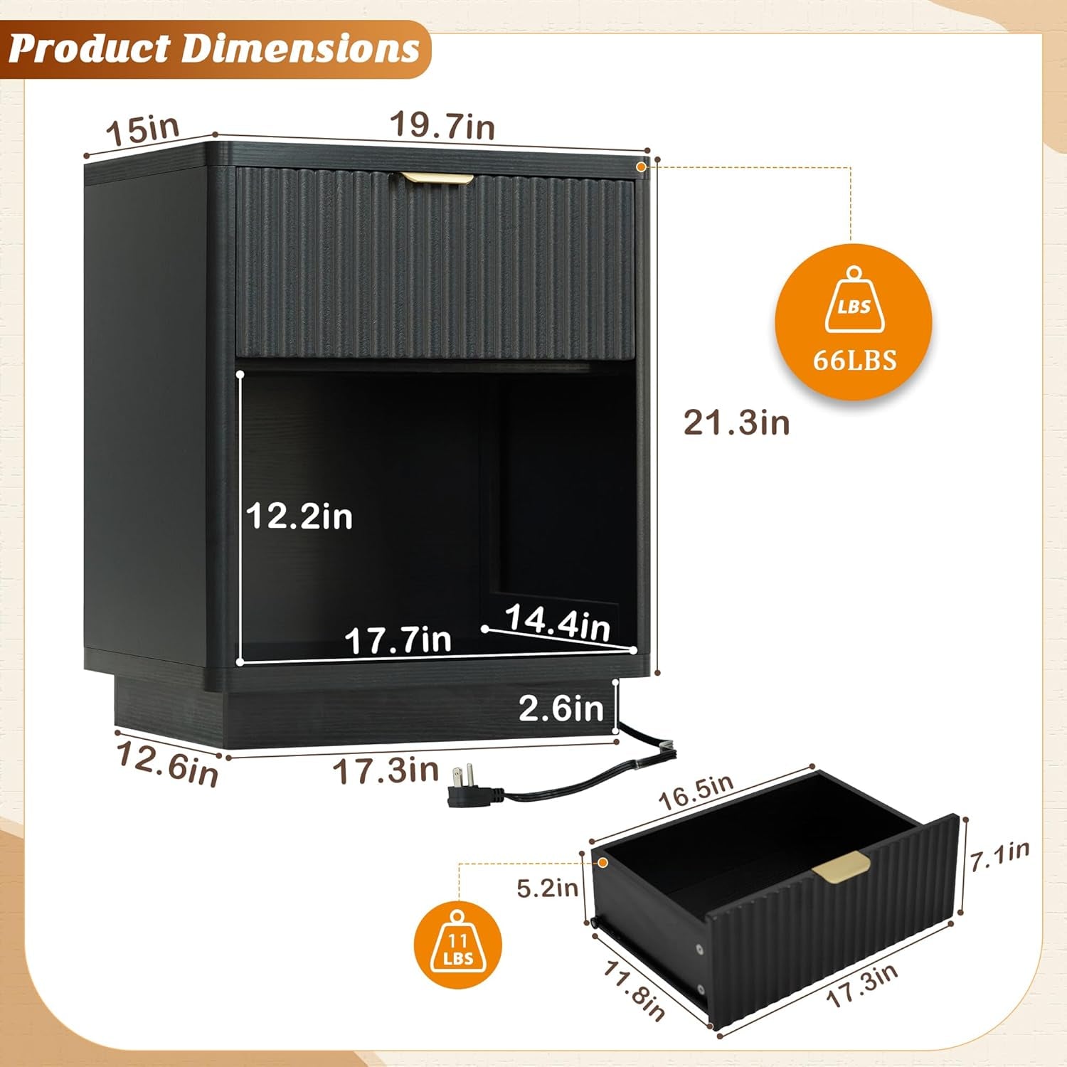 Fluted Nightstand Charging Station,Wood Modern Night Stands Storage Cabinet for Bedroom, Black Bedside Table with Drawers