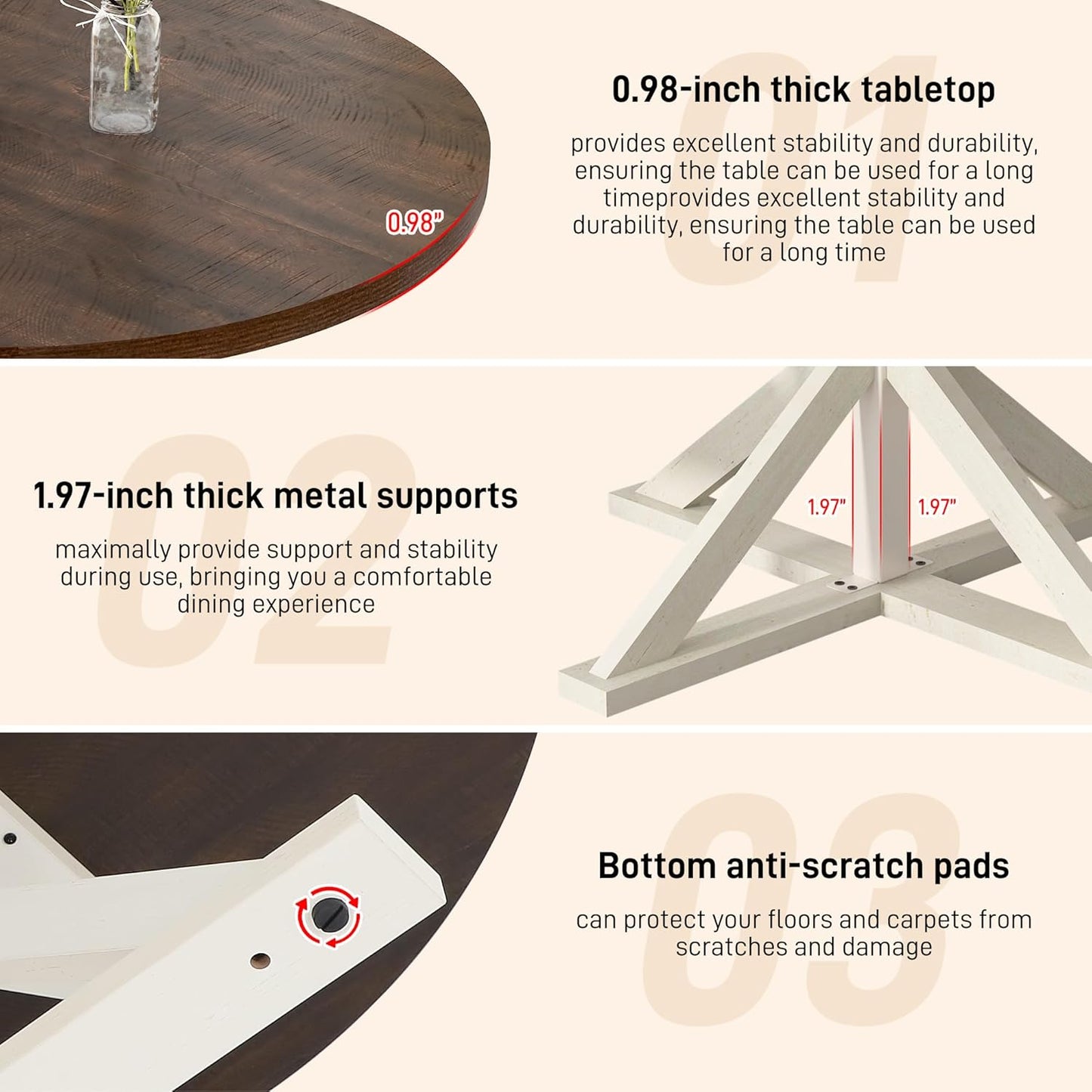 Round Wood Dining Table for Kitchen,Dining Room,Living Room,Farmhouse Dinner Tables W/Thickened Brown Waterproof Tabletop for 4 People,47 Inch Rustic Kitchen Table W/Metal Support