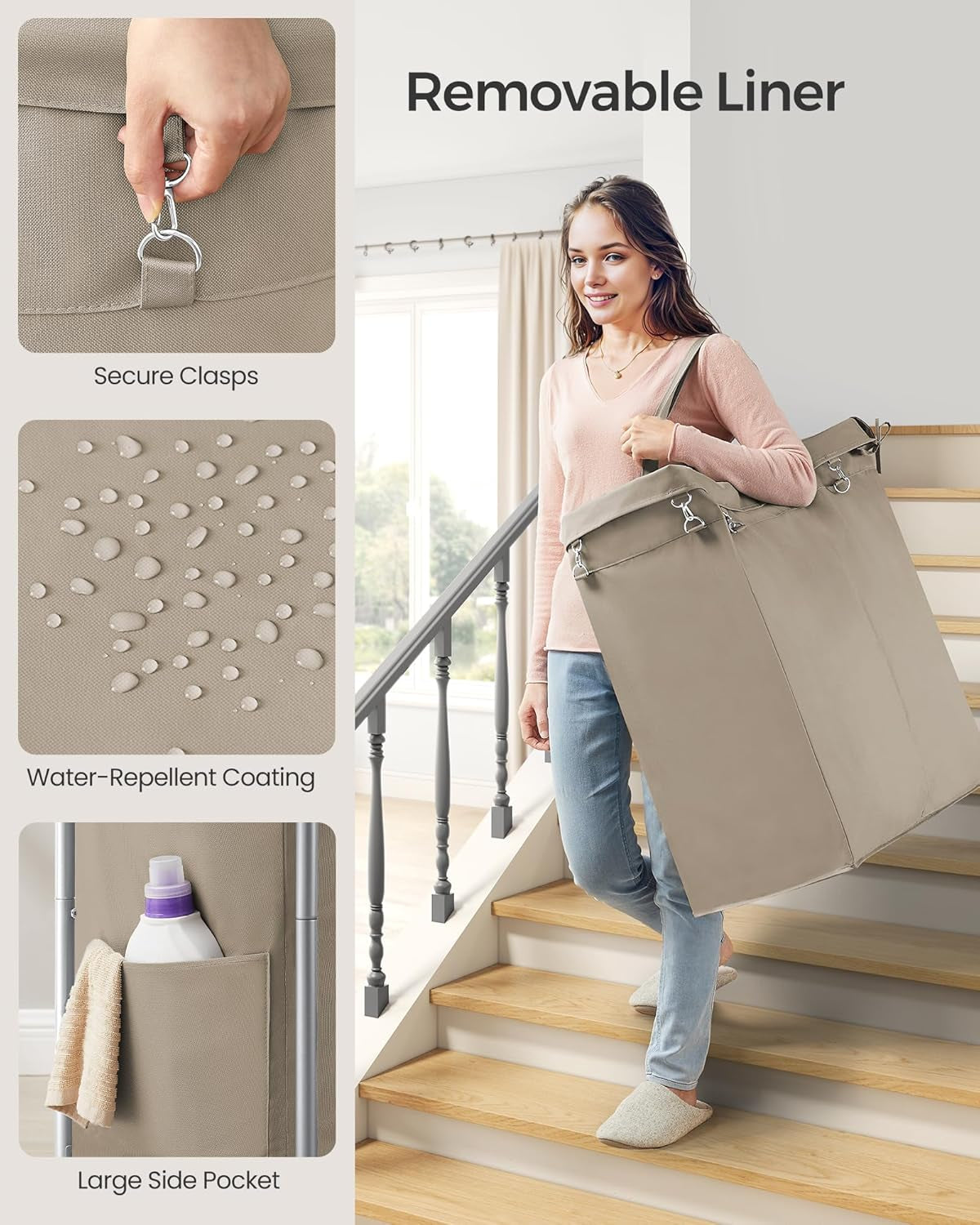 Laundry Basket with Wheels, 2-Section Rolling Laundry Hamper, 37 Gallons (140 L), Removable Liner, Steel Frame with Handle, 27.2 X 15.4 X 31.9 Inches, Camel Brown URLS004N01