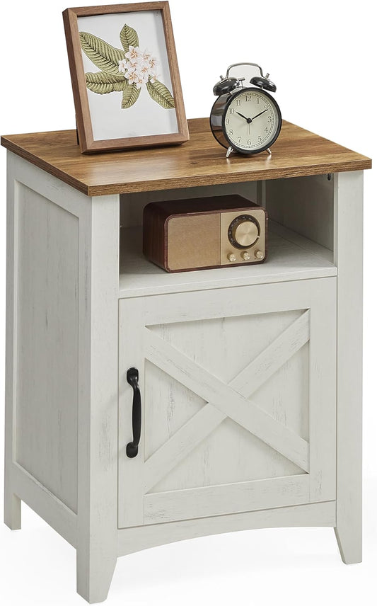 LIRY Collection - Farmhouse Nightstand with Barn Door, Bedside Table with Storage, Side End Table, Night Stand, Open Compartment, for Bedroom, Rustic White and Honey Brown ULET609K41
