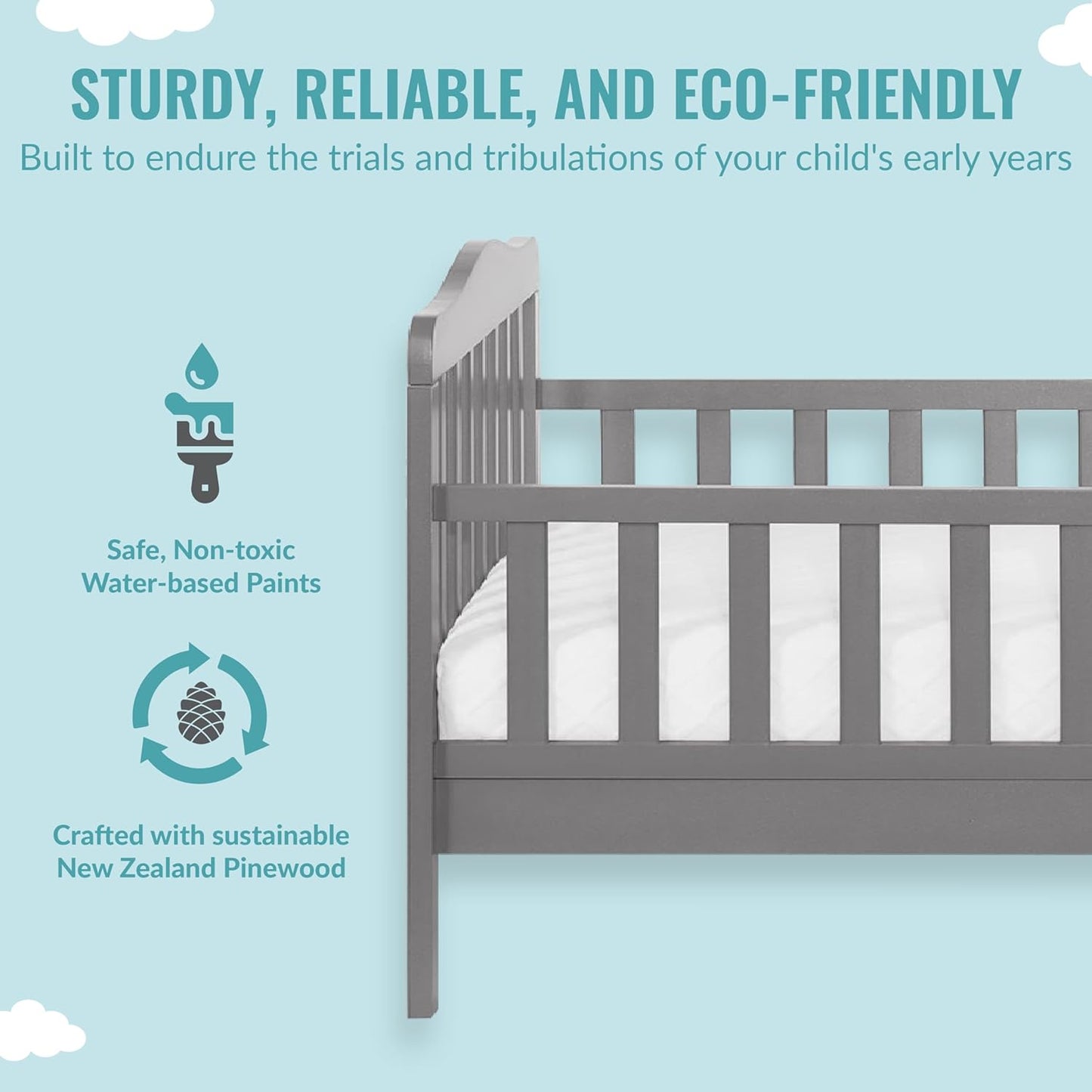 Classic Design Toddler Bed in Steel Grey, Greenguard Gold and BSA Certified, Low to Floor Design, Two Side Safety Rails, Non-Toxic Finishes, Wooden Nursery Furniture