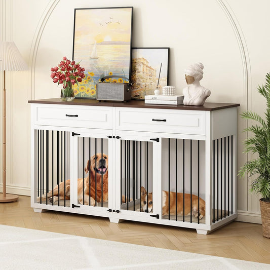 Dog Crate Furniture, 72 Inch Heavy Duty Wooden Large Dog Kennel with Drawers & Divider, Indoor Furniture Style Dog Crate with Double Rooms for Large Medium Small Dogs, White