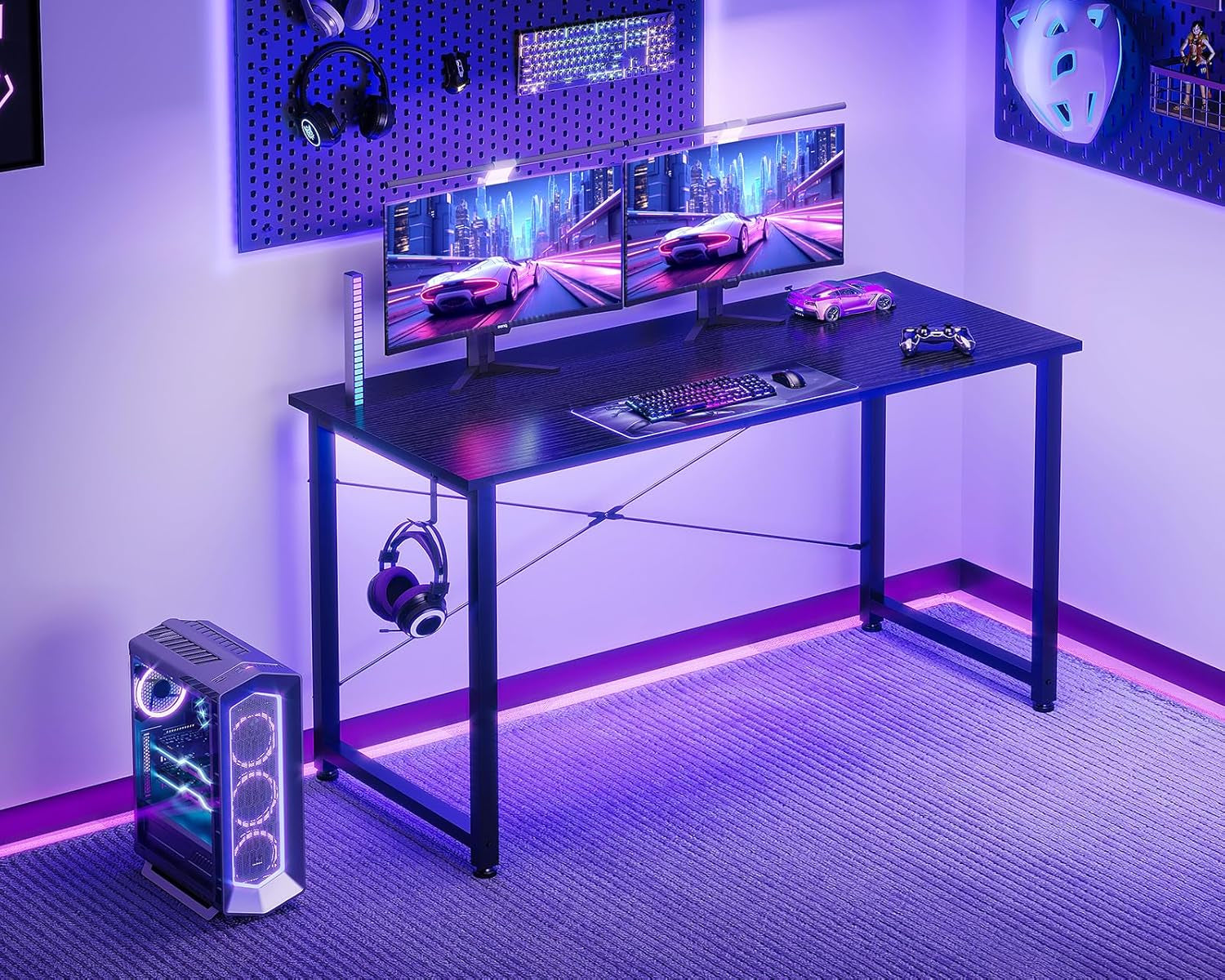48 Inch Small Computer Desk for Home Office, Study Writing Table for Small Spaces, Simple Modern Desk with Headphone Hooks, Pure Black