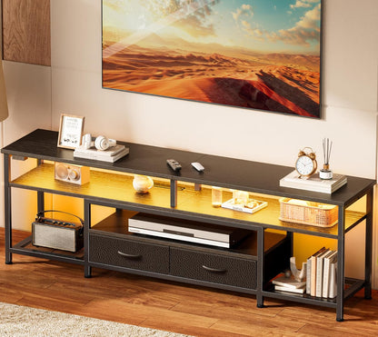 63 Inch LED TV Stand for 65 70 Inch TV, Entertainment Center with Open Shelves and Power Outlets, TV Console for Living Room, Media Console with Drawers, Black