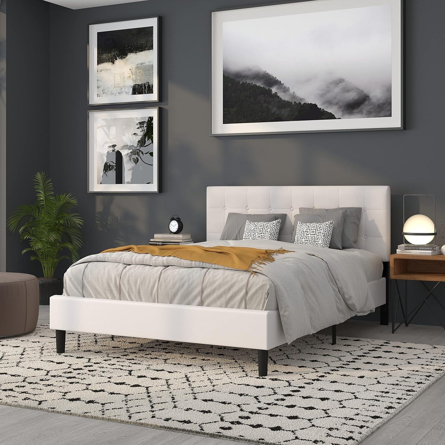 Lennox Tufted Upholstered Queen Size Headboard in White Vinyl