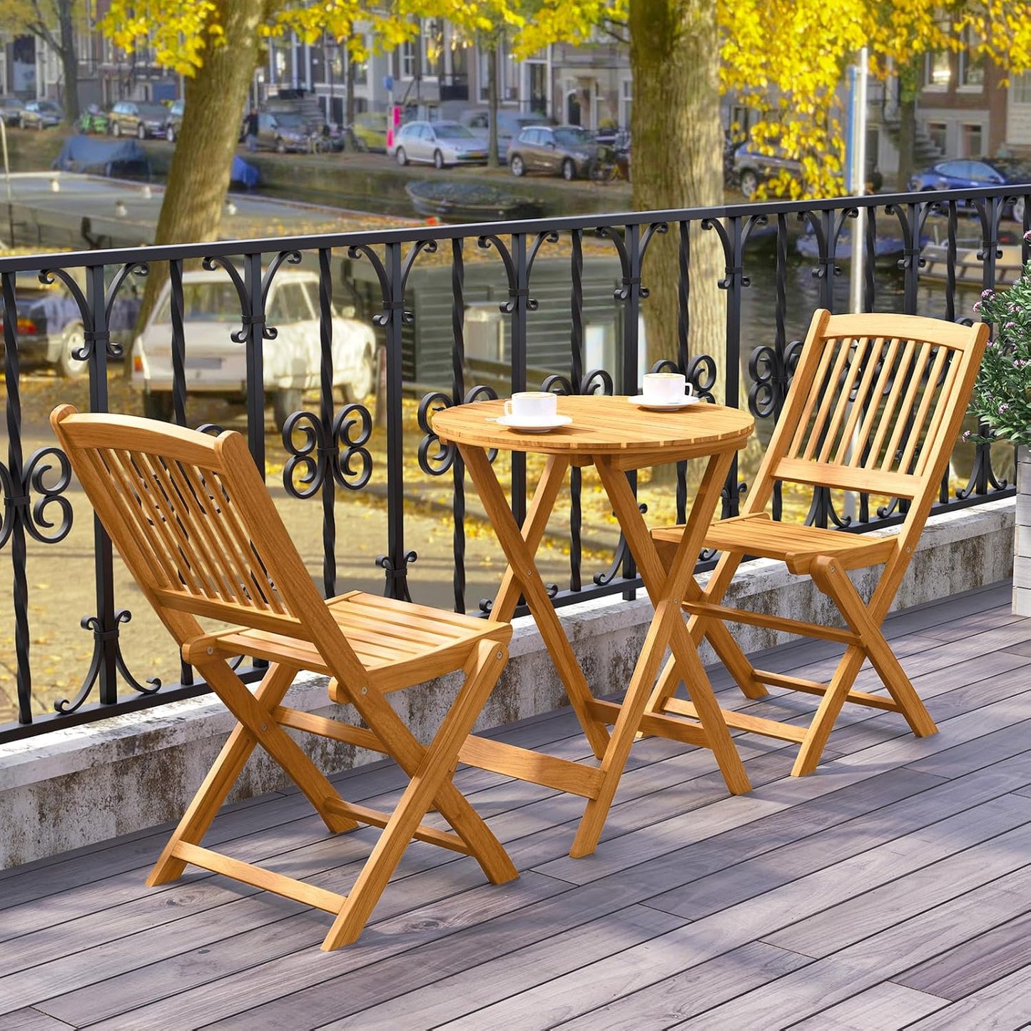3 Pieces Acacia Wood Patio Folding Bistro Set, Outdoor Table and Chairs Set with Soft Cushions, Patio Furniture Set for Porch, Balcony, Garden, Deck and Backyard