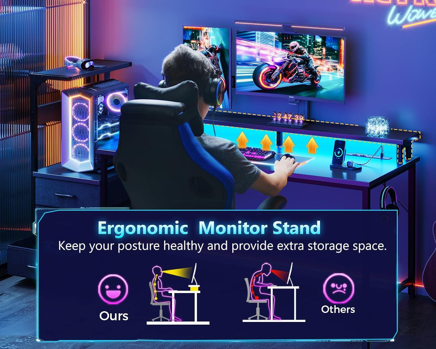 59 Inch Gaming Desk with USB Charging Ports & LED Light - Reversible Computer Desk with 3 Fabric Drawers, Monitor Stand, CPU Stand, and Side Hook, Modern Office Desk, Black