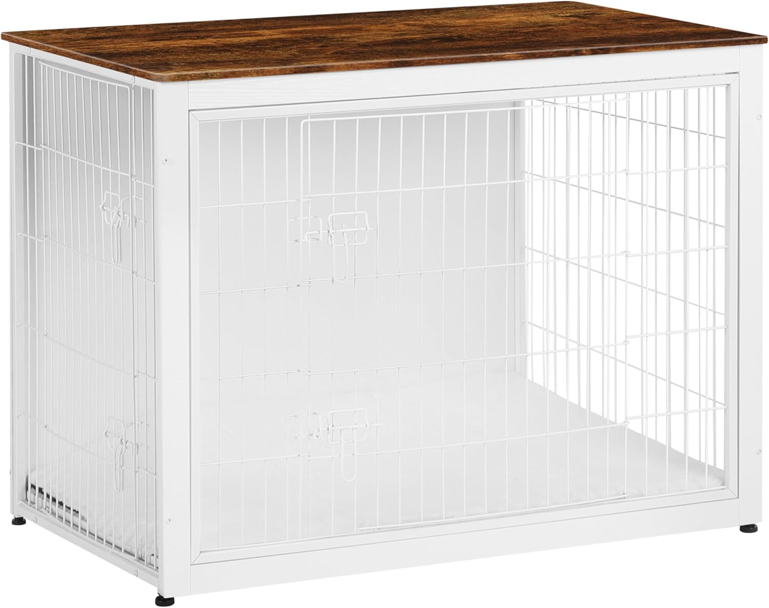 Dog Crate Furniture with Cushion, Wooden Kennel Table with Double Doors, Indoor Dog House, Extra Large Size, 43.3" L, White+Rustic Brown