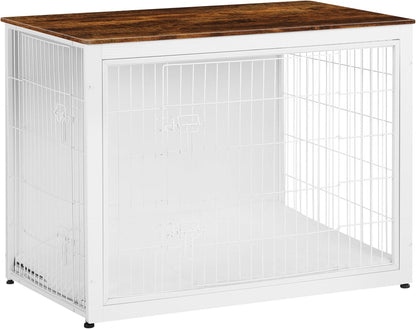 Dog Crate Furniture with Cushion, Wooden Kennel Table with Double Doors, Indoor Dog House, Extra Large Size, 43.3" L, White+Rustic Brown