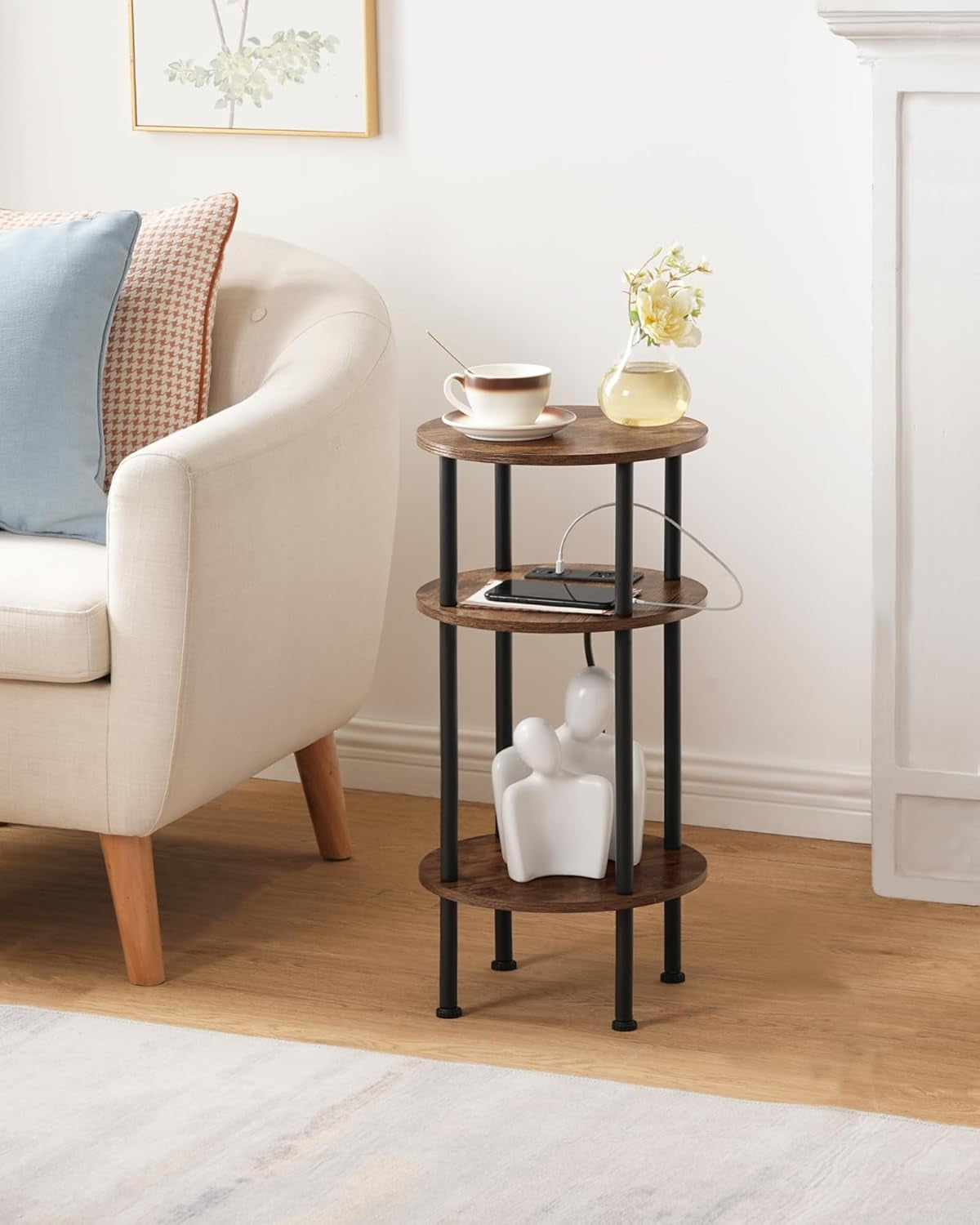 Round Side Table with Charging Station, Small round End Table, 3-Tier Sofa Side Tables for Small Spaces, Nightstand for Living Room, Bedroom, Rustic Brown and Black TBZ06UBF