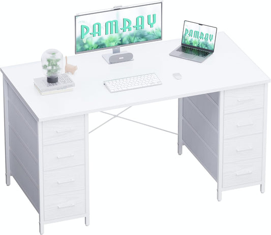 47 Inch Computer Desk with 8 Fabric Drawers PC Gaming Desk Home Office Study Work Writing Table for Bedroom White
