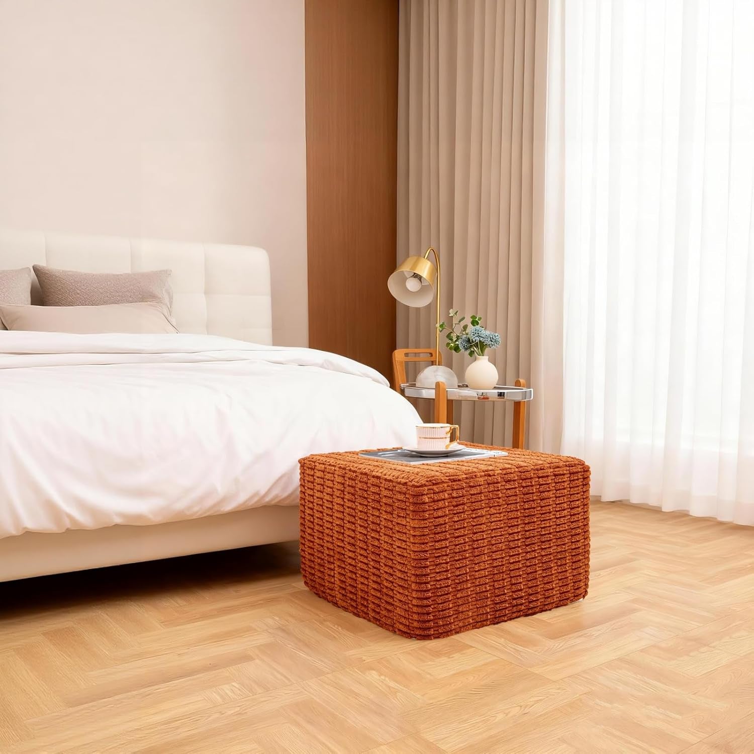 round Square Pouf Ottoman Foot Rest – Lightweight Modern Footstool with Plush Foam Filling, Perfect for Living Room Decor & Cozy Comfort – 20X20X14 Inch Chic Accent Piece (Burnt Orange)