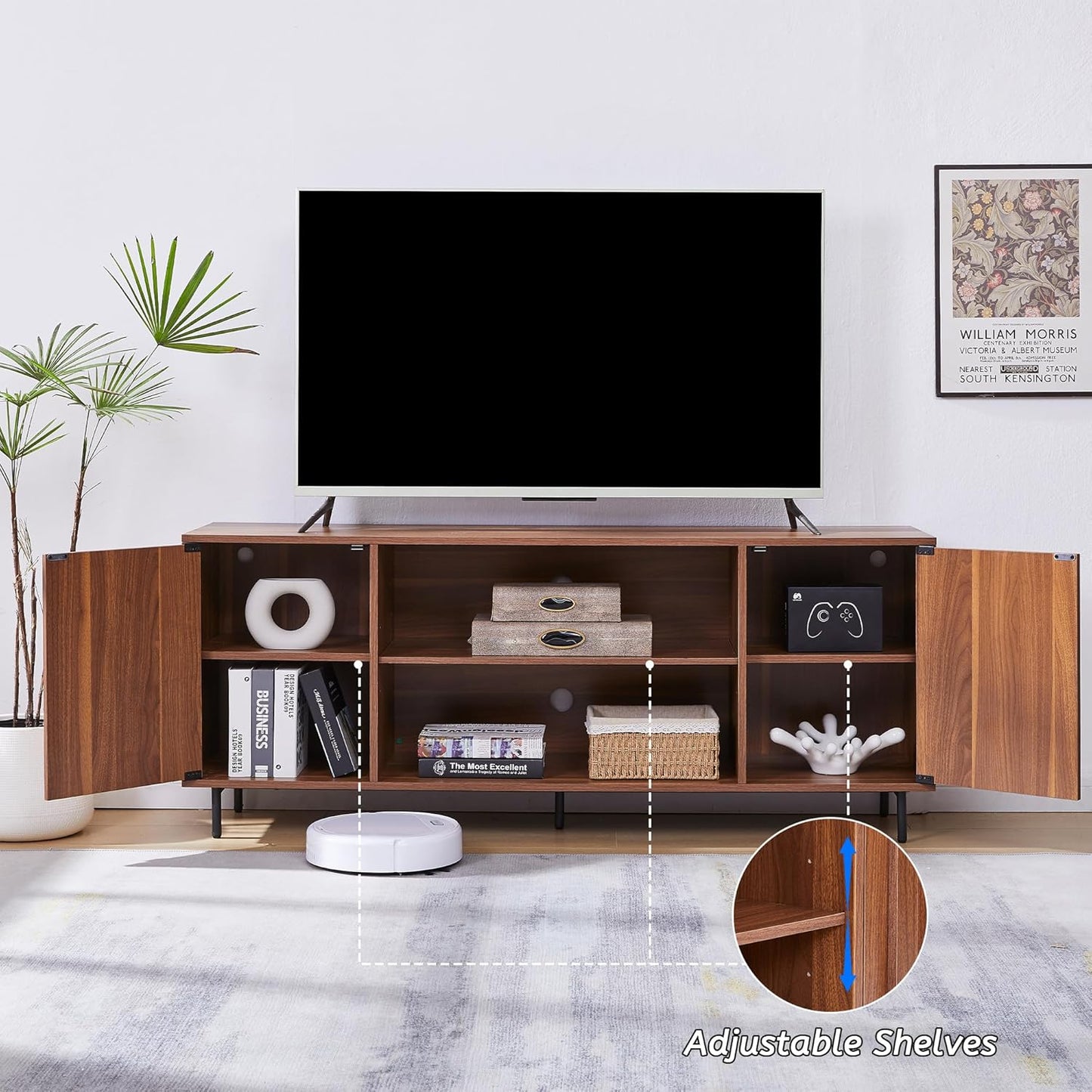 TV Stand for 65" 60" Tvs, Mid-Century Modern TV Stands for Living Room, Fluted Entertainment Center with Storage Cabinet & Open Shelf, Wood TV Console Media Cabinet, Walnut