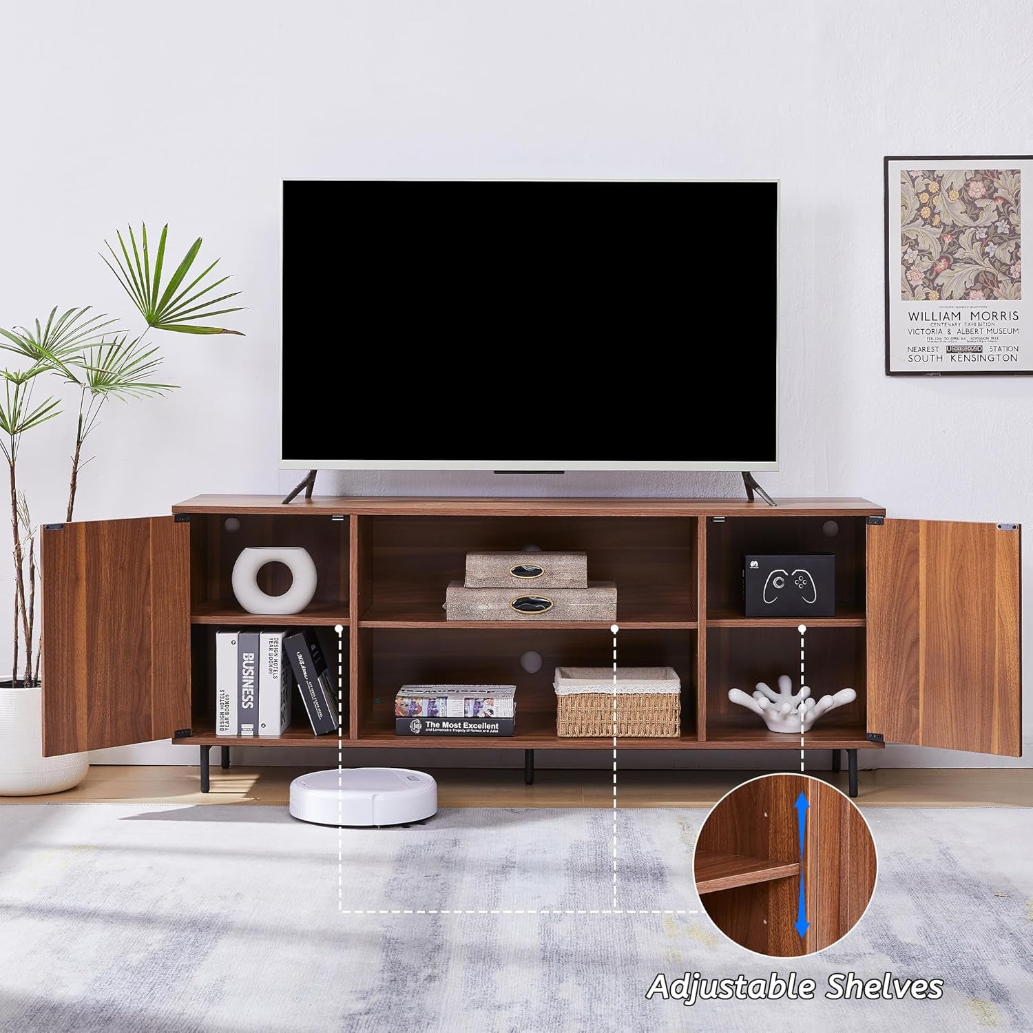 TV Stand for 65" 60" Tvs, Mid-Century Modern TV Stands for Living Room, Fluted Entertainment Center with Storage Cabinet & Open Shelf, Wood TV Console Media Cabinet, Walnut