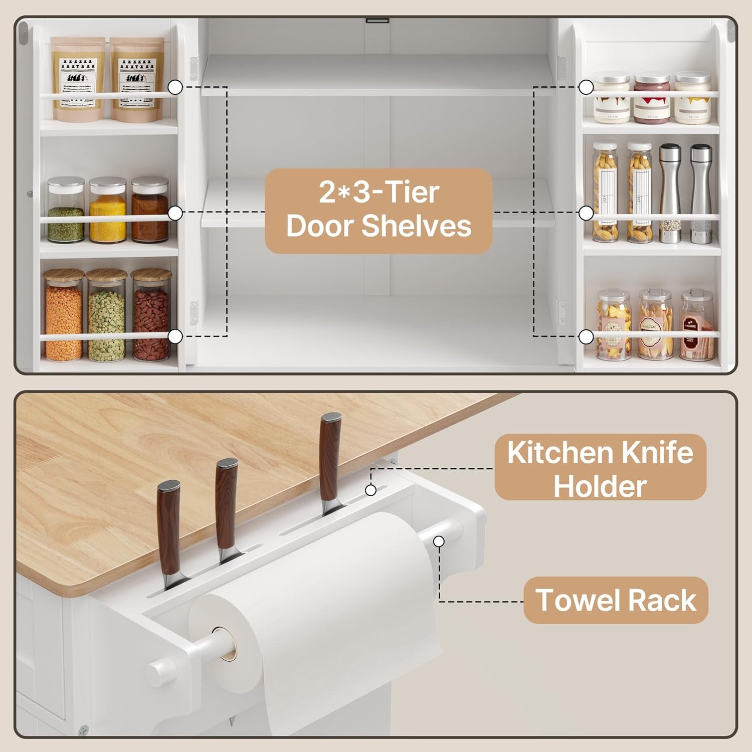 Kitchen Island with Storage, 44.49" Kitchen Island with Trash Can Storage, Drop Leaf Rubberwood Top, Knife Holder, Adjustable Shelf, Towel Bar, Drawer, Spice Rack, White