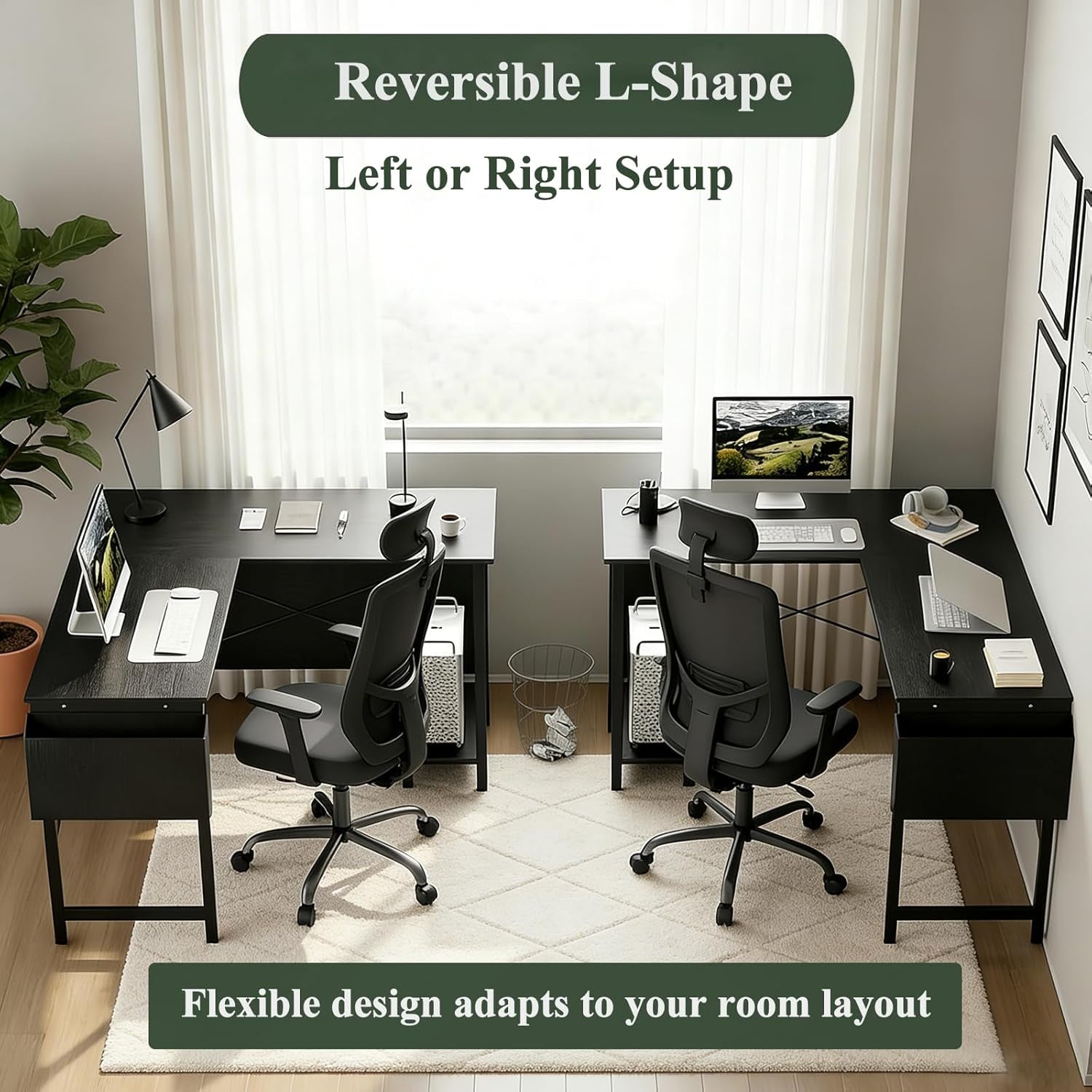 L Shaped Desk, 50 Inch Reversible Computer Desk Corner Gaming Table with CPU Stand & Storage Bag, Sturdy Metal Frame PC Workstation for Home Office