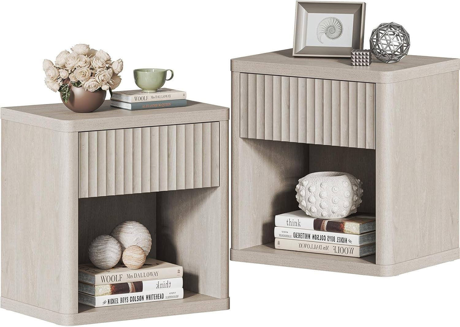 Night Stand Set of 2 Nightstands with Drawer Storage Fluted Bed Side Table End Table Large Modern Wide Bedside Stand Mid Century Night Stands for Bedroom Living Room Sofa Office, White Alder