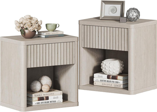 Night Stand Set of 2 Nightstands with Drawer Storage Fluted Bed Side Table End Table Large Modern Wide Bedside Stand Mid Century Night Stands for Bedroom Living Room Sofa Office, White Alder