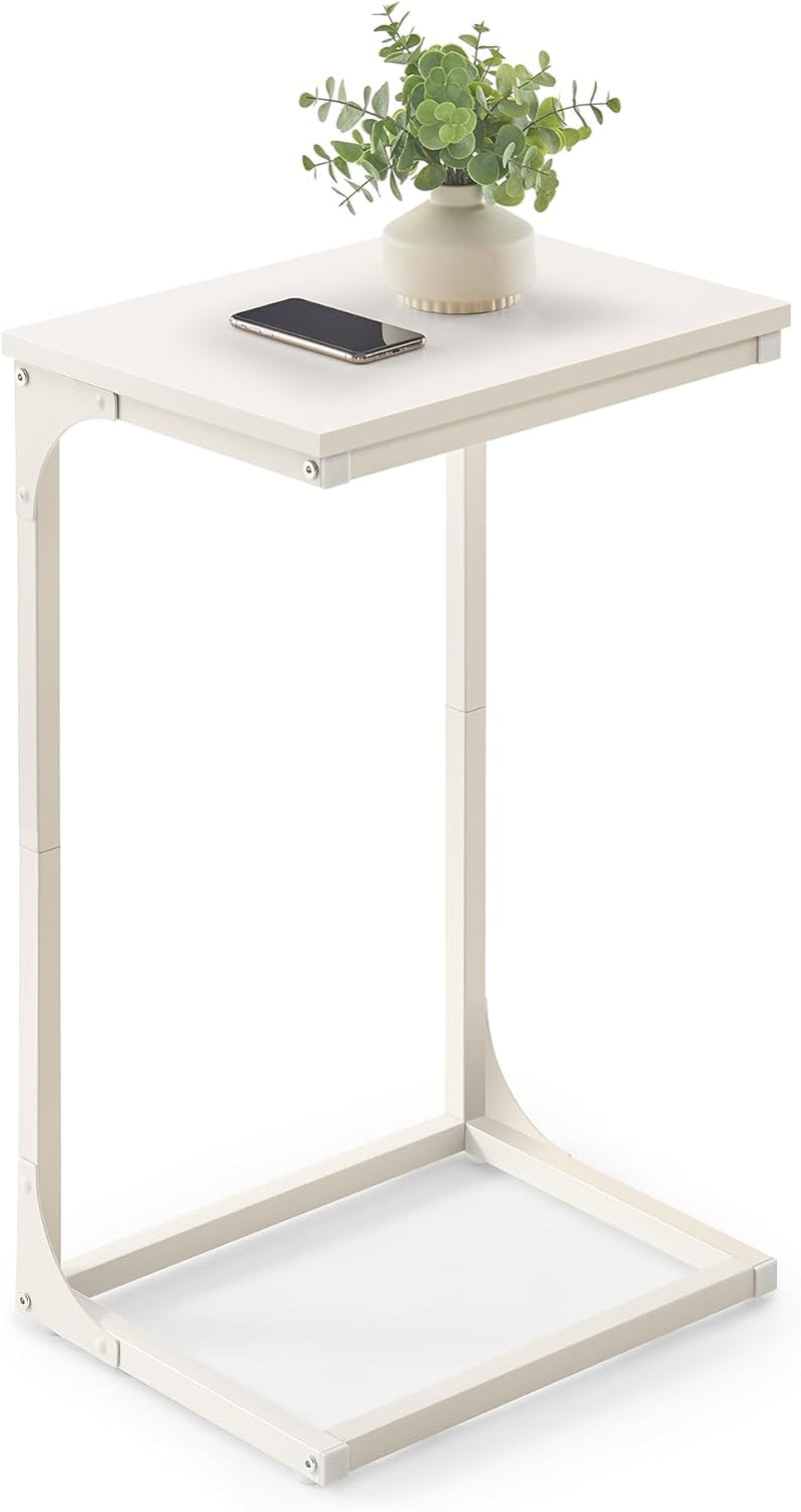 C-Shaped End Table, Side Table for Sofa, Couch Table with Metal Frame, Small TV Tray Table for Living Room, Bedroom, Cream White