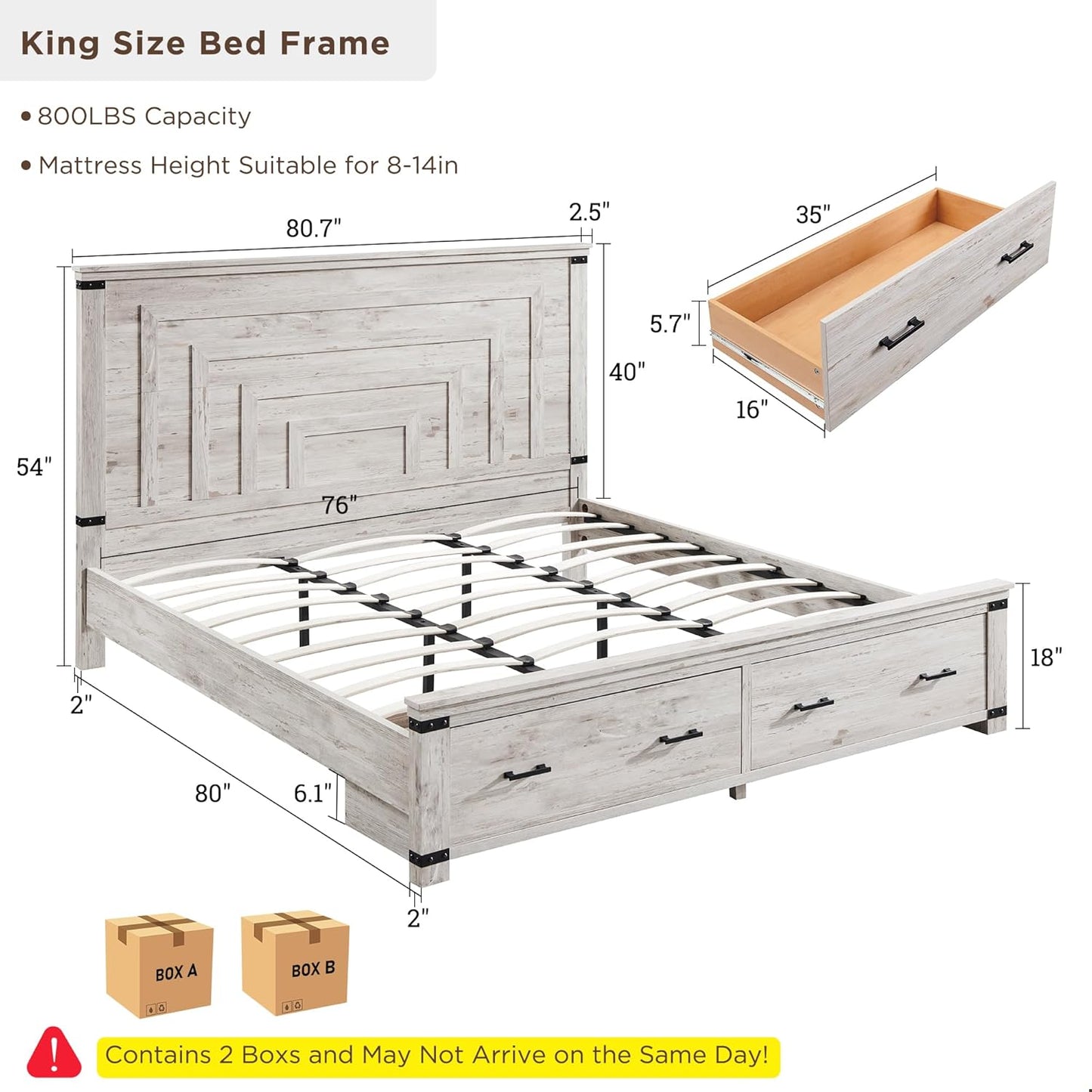 Farmhouse King Size Wood Bed Frame with 54" Tall Geometric Headboard, 2 Large Storage Drawers, Solid Wood Slats Support, Noise Free, No Box Spring Needed, Antique Brush White