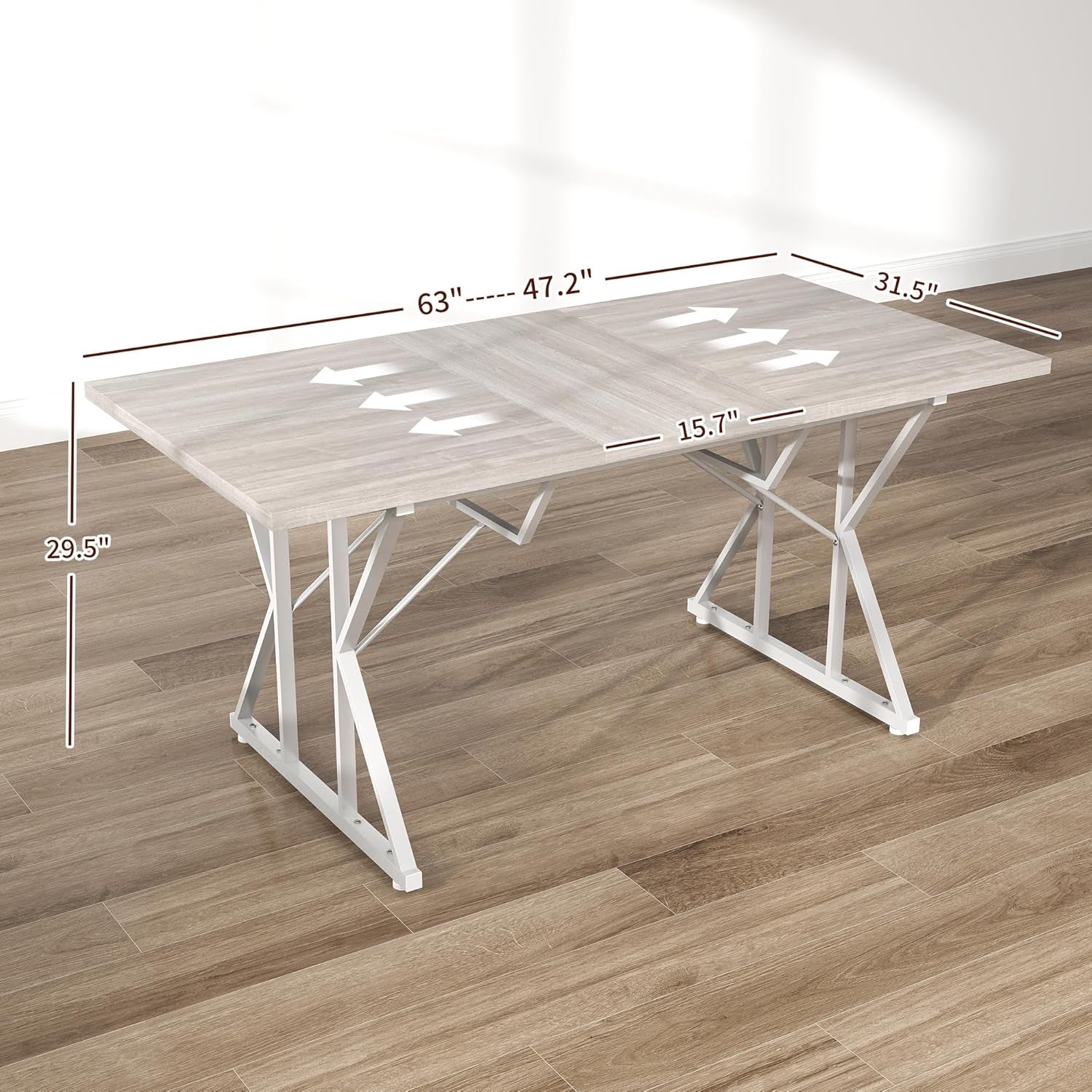 47"-63" Expandable Dining Table for 4-6 People, Farmhouse Extendable Dining Room Table with Heavy Duty Metal Trestle Base, Rectangle Kitchen Table, Distressed Gray