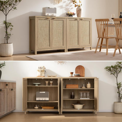 Rattan Sideboard Buffet Cabinet with Large Storage : Boho Credenza Coffee Bar Cabinet with Adjustable Shelves, Farmhouse Console Table for Kitchen, Living Room, Entryway, Natural, 2 Pieces