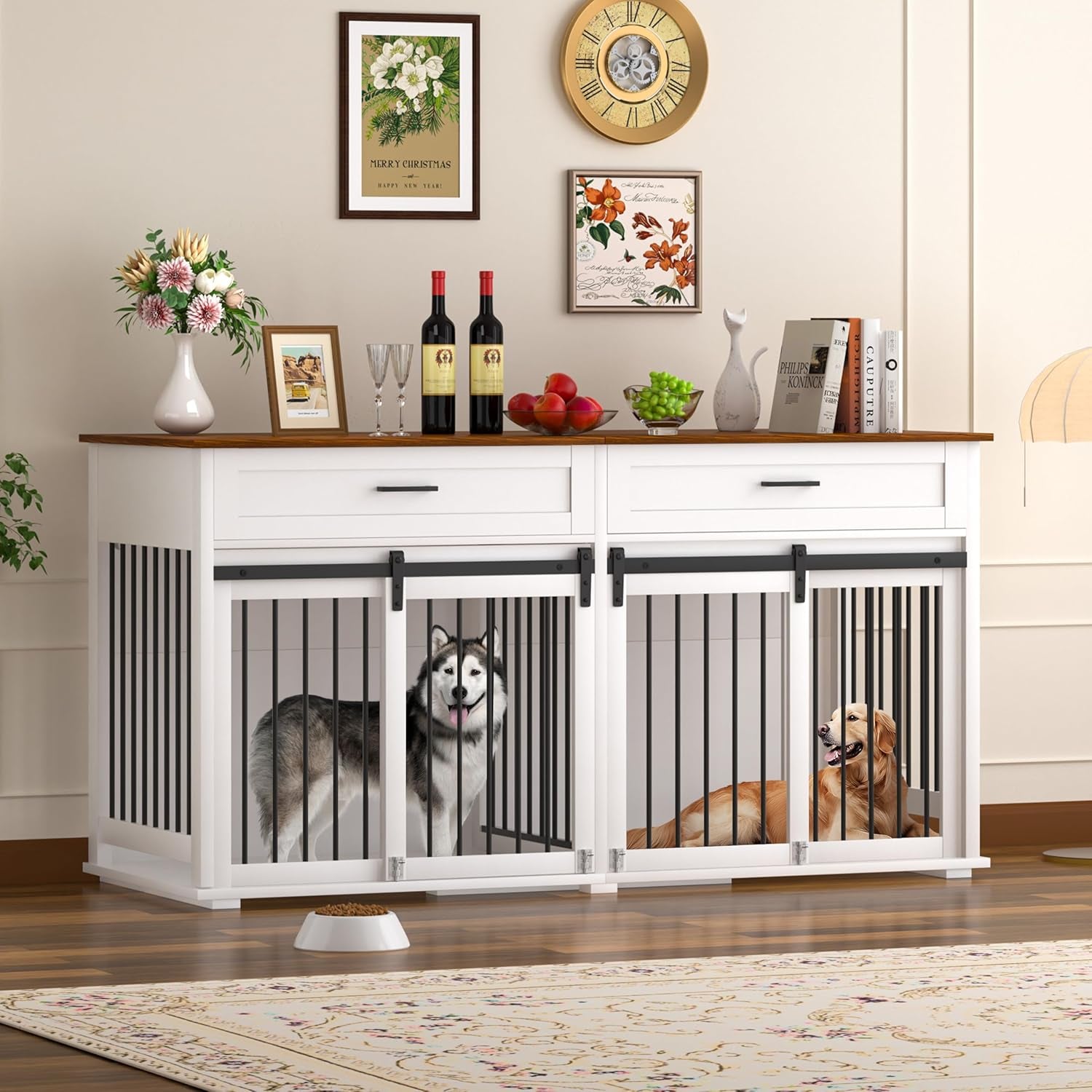 63" L X 24" W X 33" H Double Wooden Dog Cage Table with 2 Large Drawers & Safety Locks, Large Dog Crate Furniture for 2 Dogs with Removable Divider, Decorative Indoor Dog Kennel Furniture