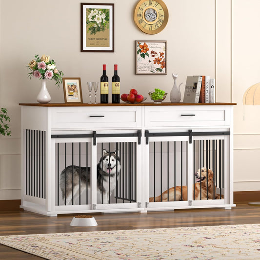 63" L X 24" W X 33" H Double Wooden Dog Cage Table with 2 Large Drawers & Safety Locks, Large Dog Crate Furniture for 2 Dogs with Removable Divider, Decorative Indoor Dog Kennel Furniture