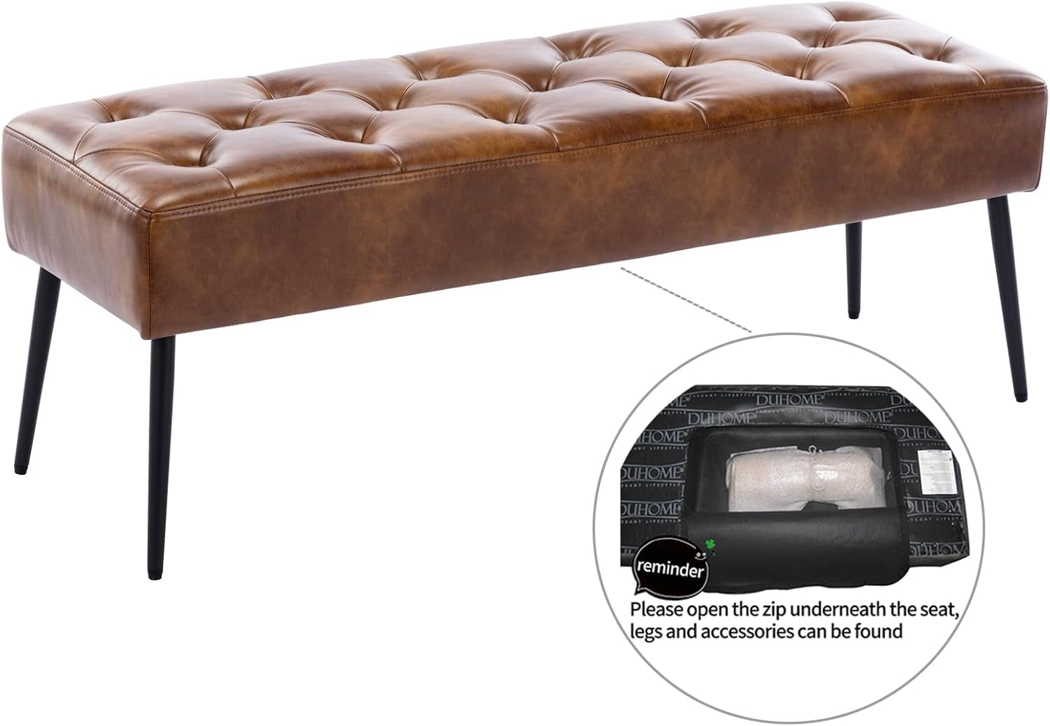 Button-Tufted Ottoman Bench, Upholstered Bedroom Benches Leather Footrest Stool Accent Bench for Entryway Dining Room Living Room Bedroom End of Bed, Yellowish Brown