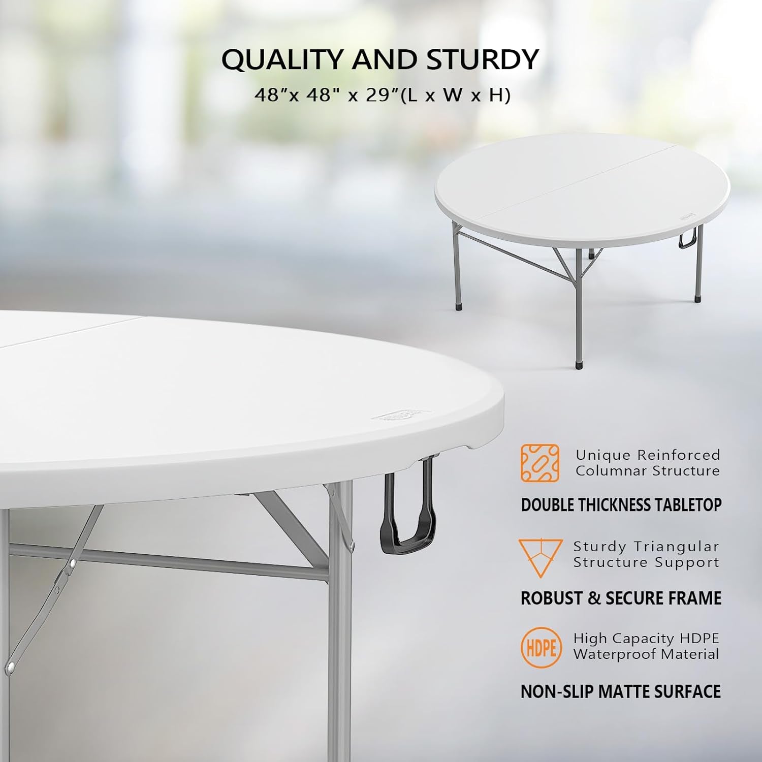 48" round Bi-Folding Commercial Table, 4 Feet Portable Plastic Dining Card Table for Kitchen or Outdoor Party Wedding Event, 1-Pack