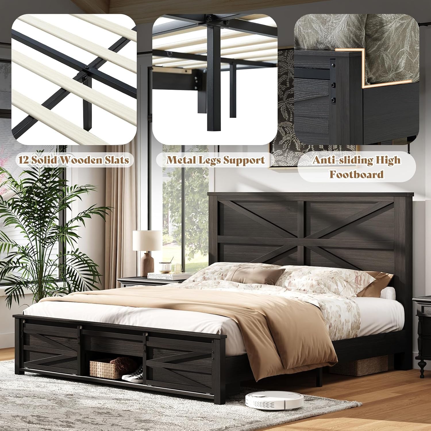 Farmhouse Full Size Bed Frame with Sliding Barn Door Storage, 49" Tall Headboard Wood Bed Frame, Rustic Platform Bed Frame Wooden Slats & Metal Support, No Box Spring Needed, Deep Brown