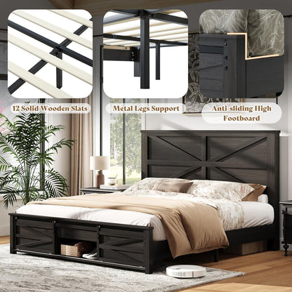 Farmhouse Full Size Bed Frame with Sliding Barn Door Storage, 49" Tall Headboard Wood Bed Frame, Rustic Platform Bed Frame Wooden Slats & Metal Support, No Box Spring Needed, Deep Brown