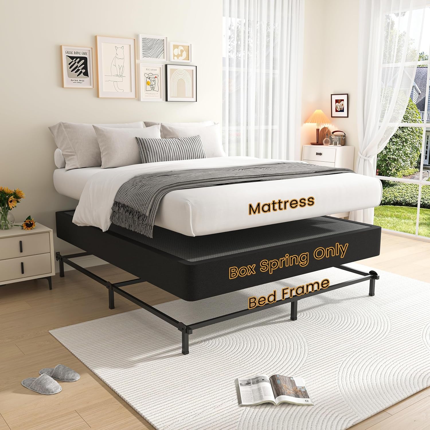 Box Springs King Size 10 Inch, High Profile King Box Spring 3500 Lbs Black Heavy Duty Metal Mattress Foundation with Easy Clean Fabric Cover, Easy Assembly