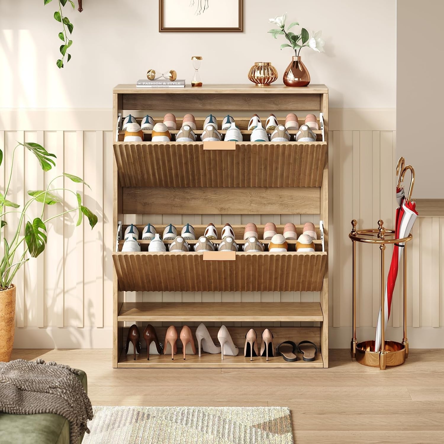 31.5''W Oak Shoe Storage Cabinet for Entryway with 2 Flip Drawers, Narrow Wood Fluted Shoe Rack Cabinet,Freestanding Slim Shoe Organizer Cabinet for Foyer, Hallway
