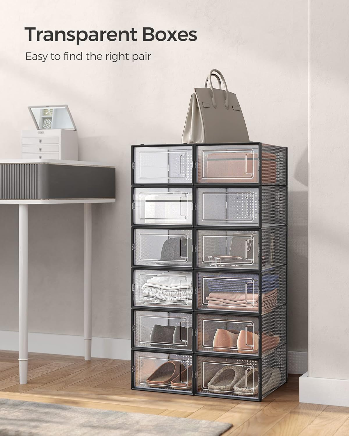 Shoe Boxes, Pack of 24 Shoe Storage Organizers, Stackable Clear Plastic Boxes for Closet, Sneakers, 13.1 X 9.1 X 5.6 Inches, Fit up to US Size 11, Transparent and Black ULSP906B12
