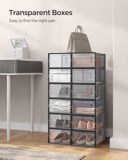 Shoe Boxes, Pack of 24 Shoe Storage Organizers, Stackable Clear Plastic Boxes for Closet, Sneakers, 13.1 X 9.1 X 5.6 Inches, Fit up to US Size 11, Transparent and Black ULSP906B12