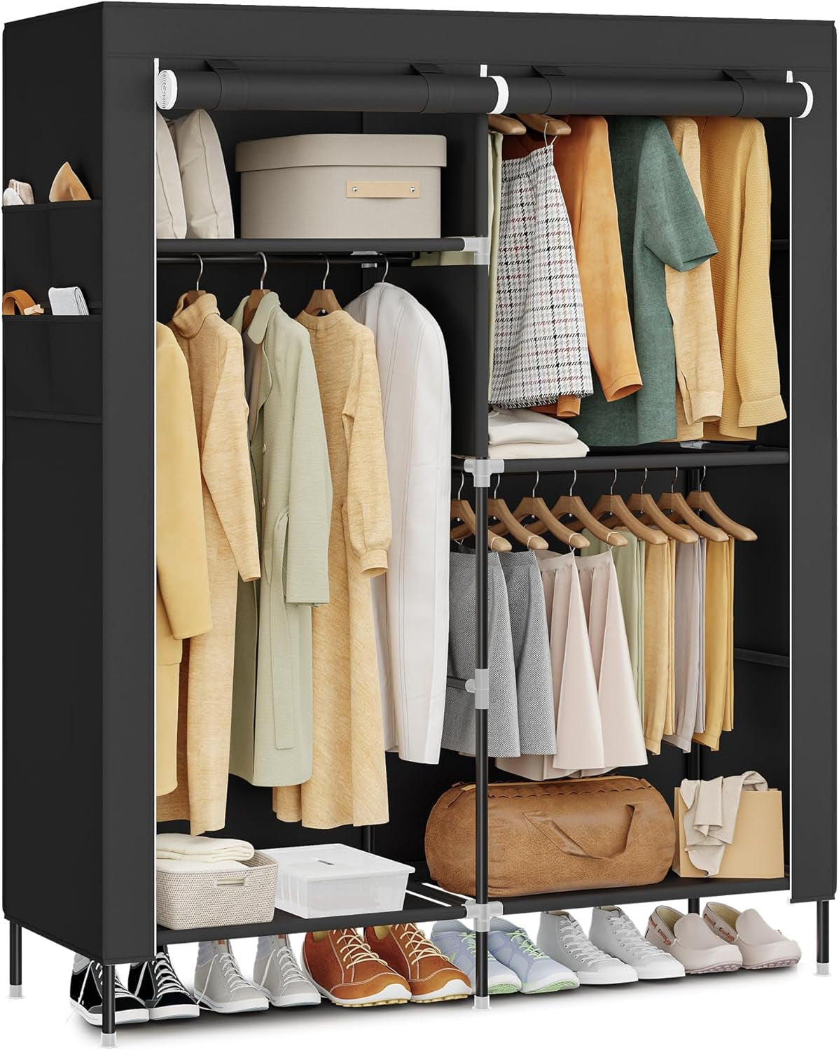 Portable Closet, Fabric Wardrobe, Clothes Rack with Shelves, Pockets, Large Capacity, 3 Hanging Rods, 17.7 X 50 X 70.9 Inches, Black URYG010BZ02