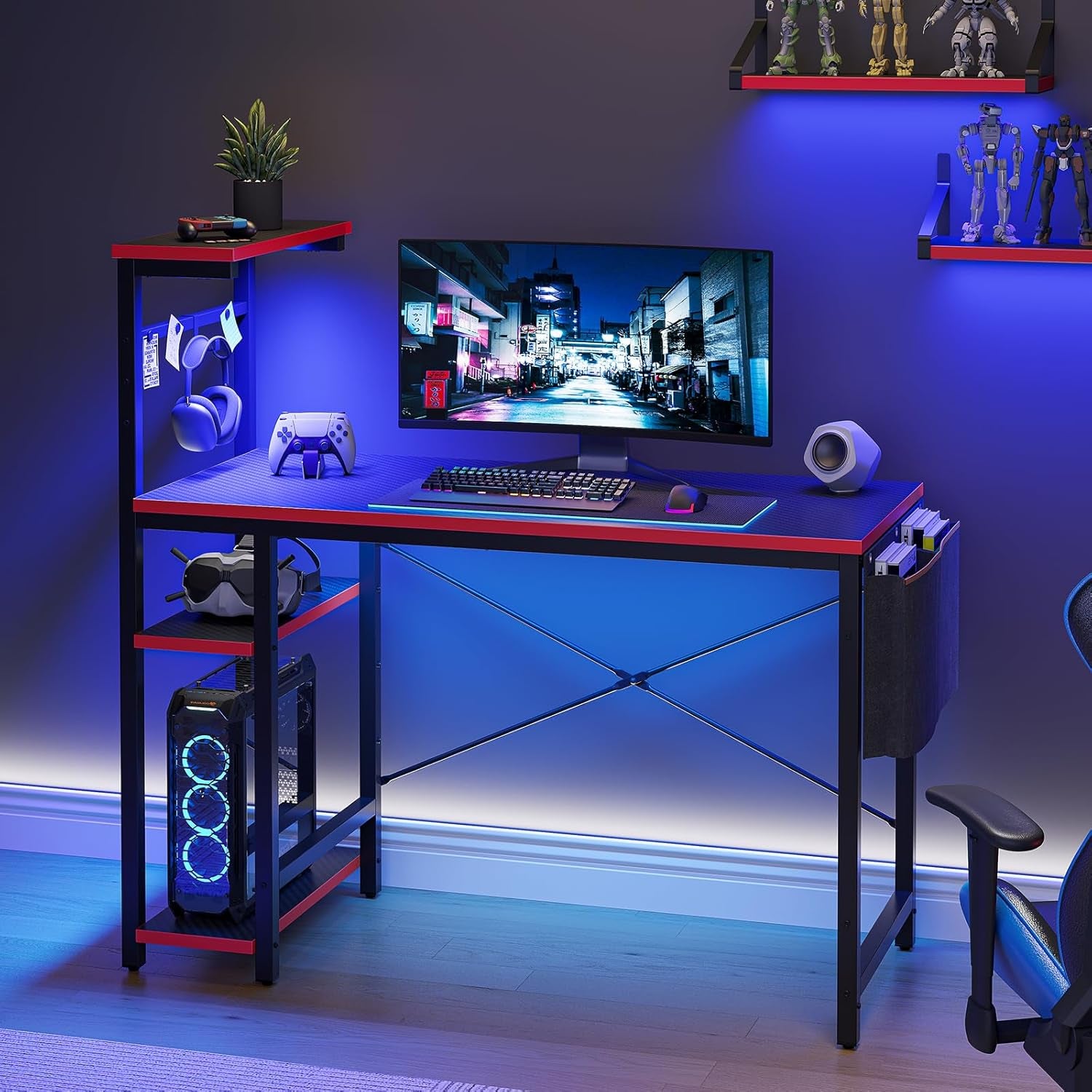 Gaming Desk with LED Lights, 44 Inch PC Gamer Desk for Small Spaces, Computer Desk with Reversible Storage Shelves & Side Storage Bag (Black 3D Carbon Fiber)