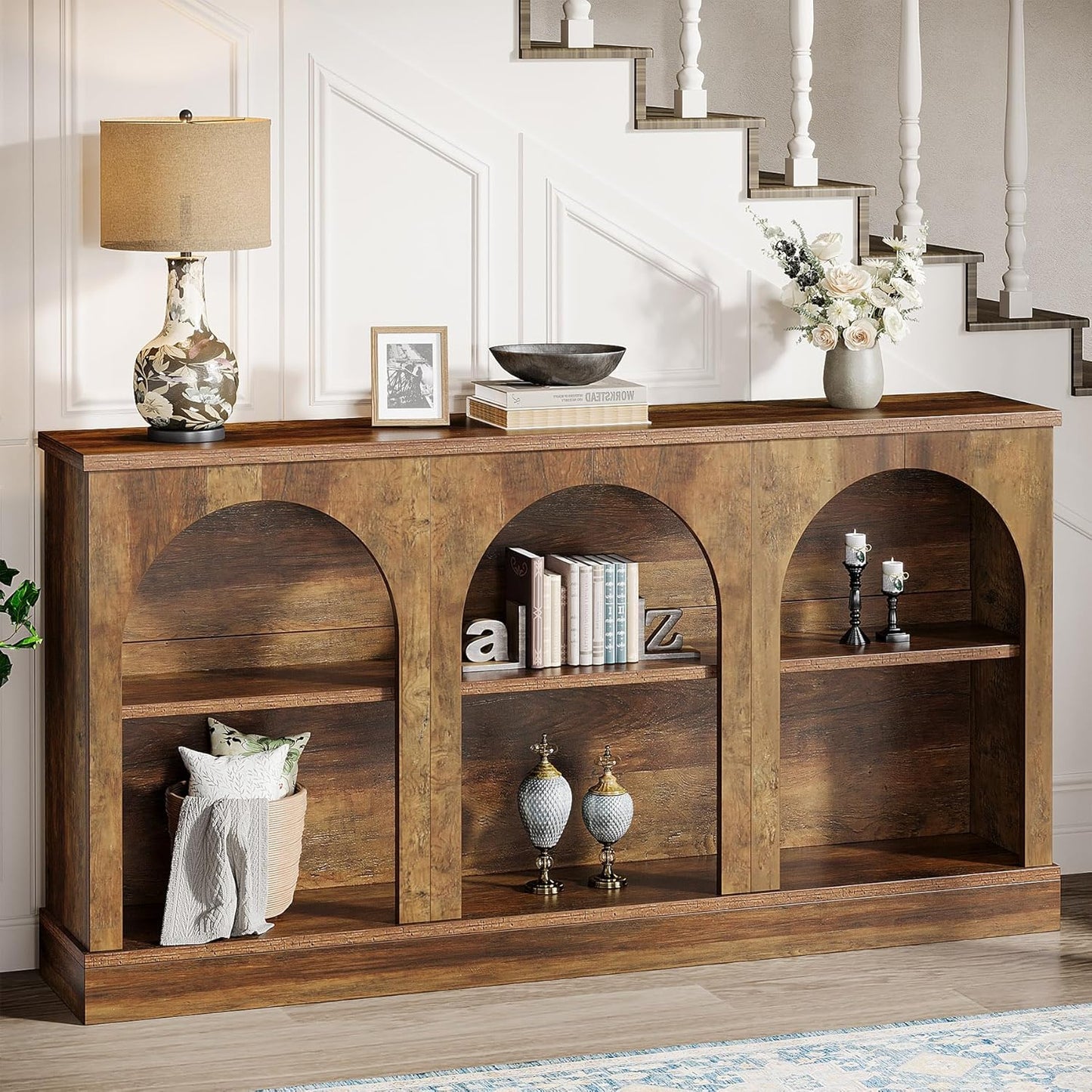 Farmhouse Console Table, 63-Inch Long Entryway Table with 3 Tier Storage, Wooden Rectangular Sofa Table behind the Couch for Entrance, Hallway, Living Room, Brown