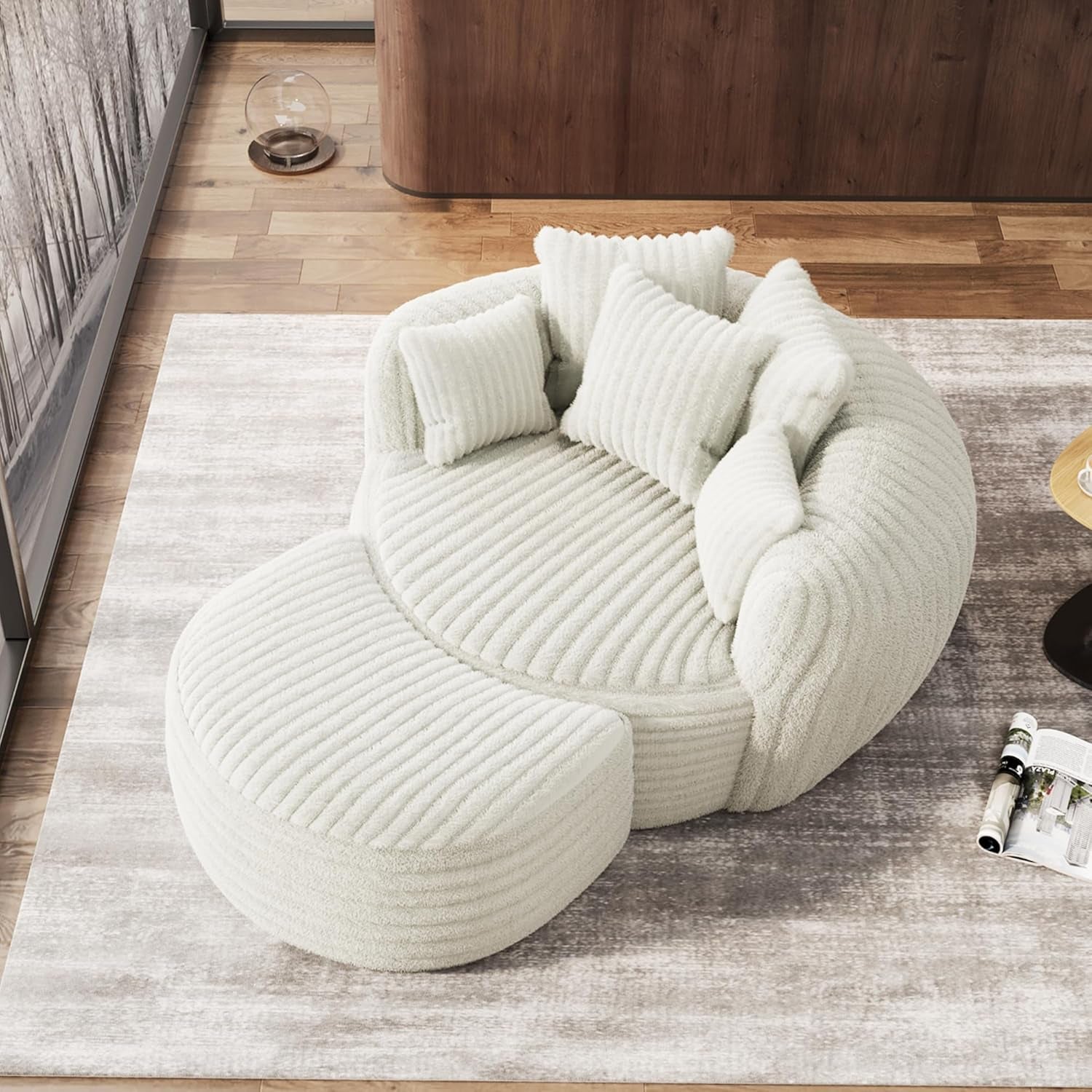Oversized Chaise Lounge Chair Indoor with Ottoman 50.5" W X 67.0" D round Soft Corduroy Comfy Oversized Reading Chair with 5 Pillows for Living, Reading Room - Beige White