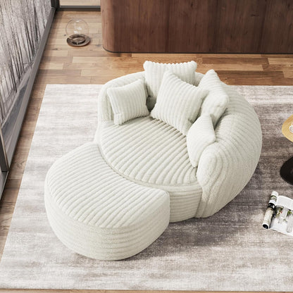 Oversized Chaise Lounge Chair Indoor with Ottoman 50.5" W X 67.0" D round Soft Corduroy Comfy Oversized Reading Chair with 5 Pillows for Living, Reading Room - Beige White