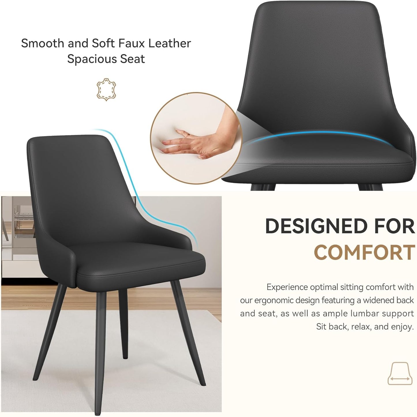 Modern Dining Chairs Set of 6, Spacious Comfortable Dining Room Chairs, Faux Leather Upholstered Dining Chairs with Thick Cushion for Dining Room, Black