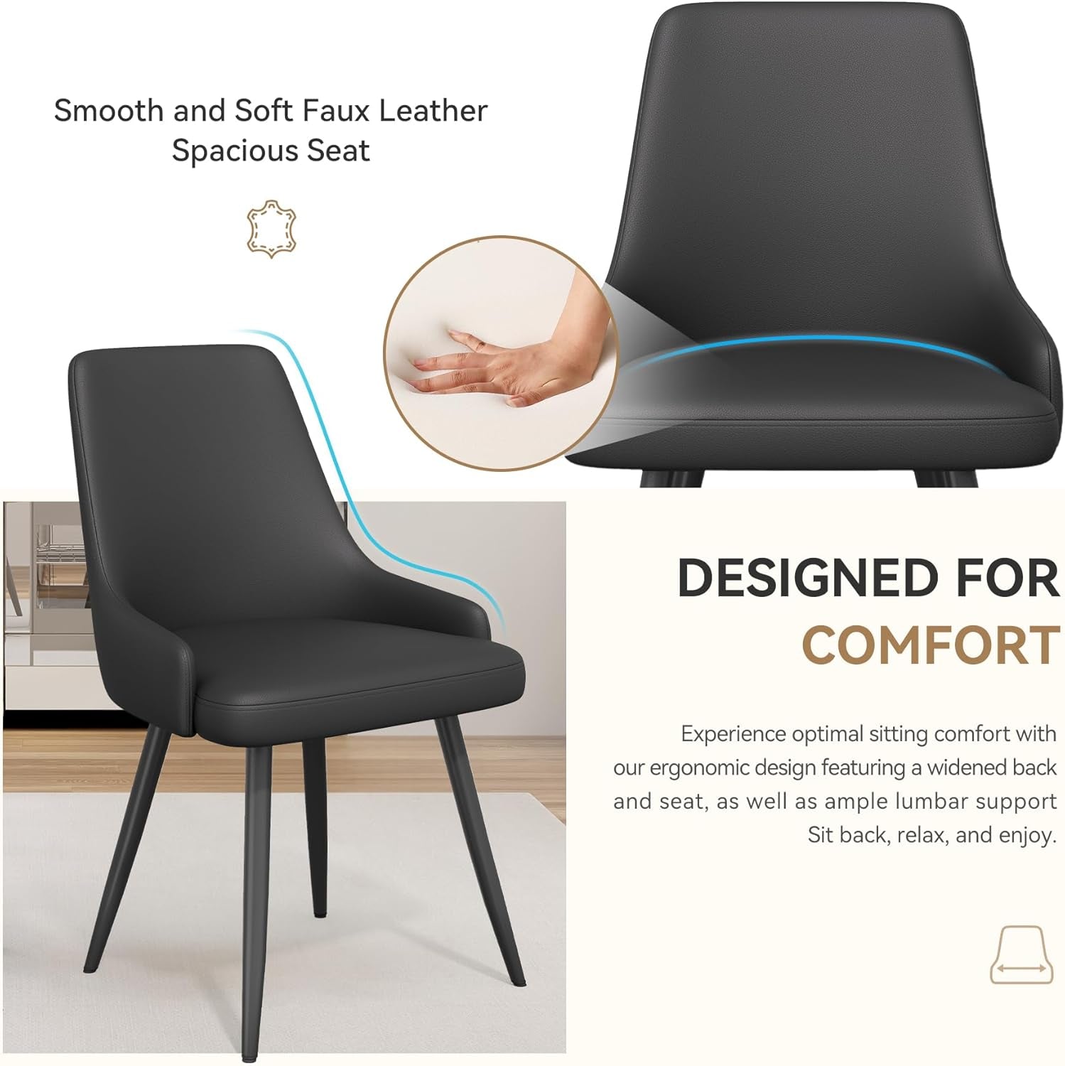 Modern Dining Chairs Set of 6, Spacious Comfortable Dining Room Chairs, Faux Leather Upholstered Dining Chairs with Thick Cushion for Dining Room, Black