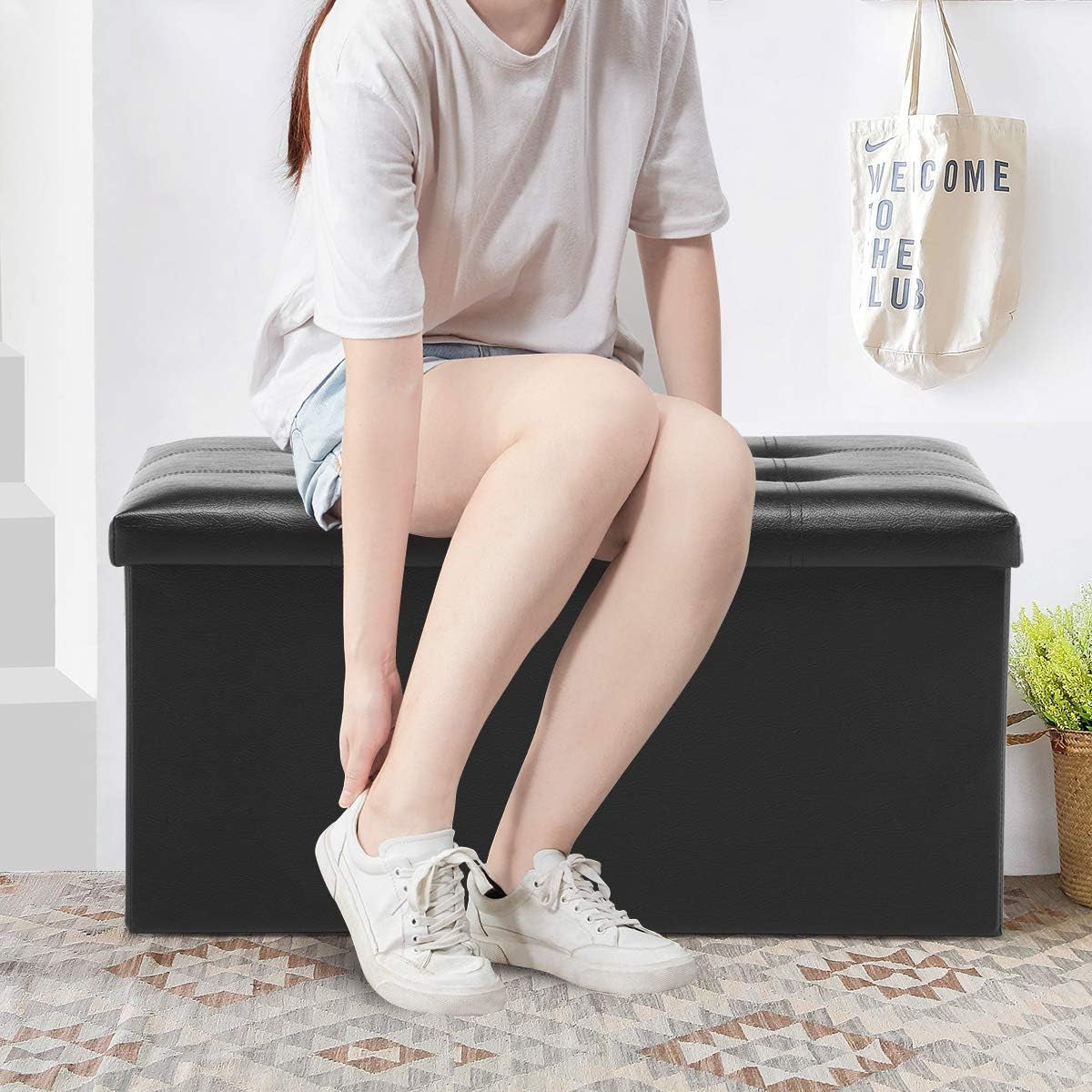 Folding Storage Ottoman Bench, Faux Leather Footrest Couch for Living Room, 30 Inch Storage Bench with Padded Seat for Bedroom Hallway, Holds up to 350Lbs, Black