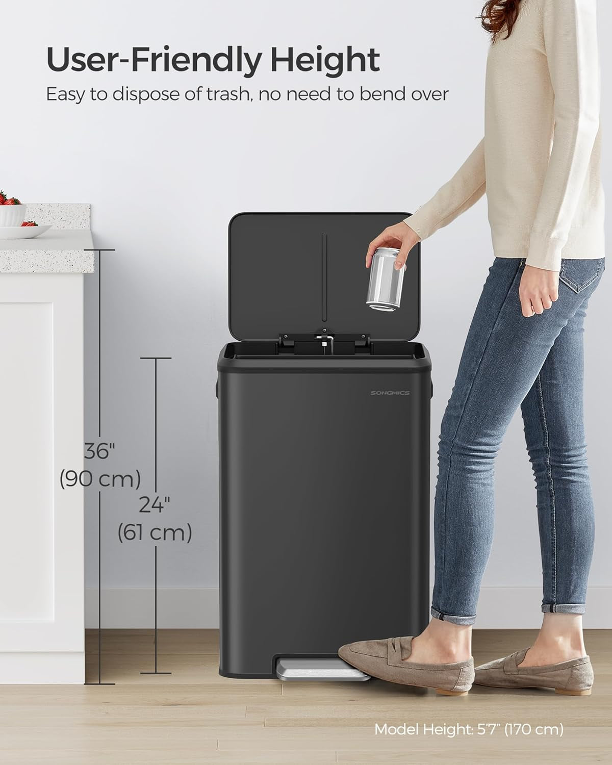 Kitchen Trash Can, 10.5-Gallon (40L) Garbage Can with Lid and Wide Foot Pedal, Soft Close and Stays Open, Black ULTB541B40