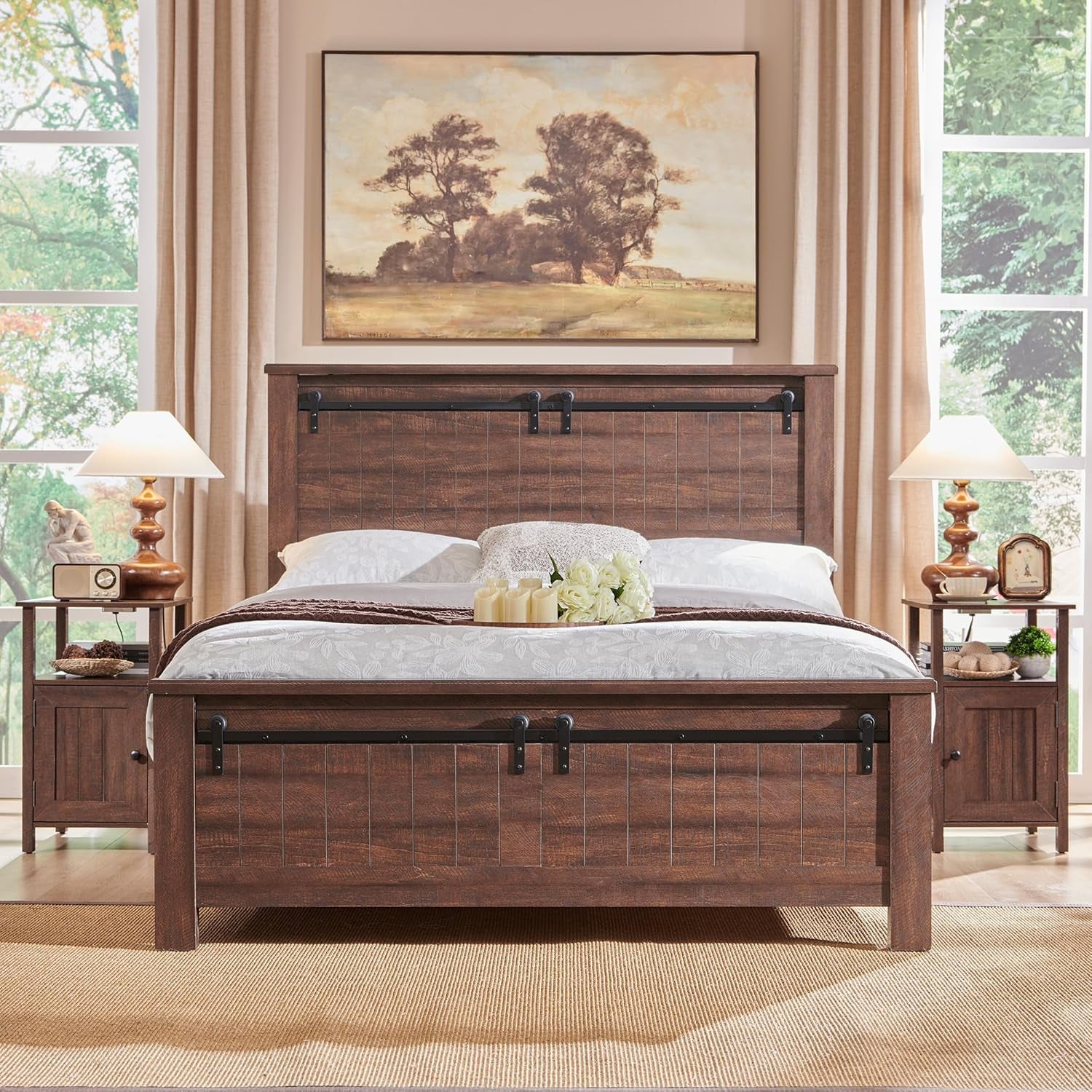 Farmhouse Nightstands Set of 2, Narrow Bedside Table with Charging Station, Night Stand Set 2 with Storage & Open Shelf, End Tables W/Groove Barn Door for Bedroom, Living Room-Brown