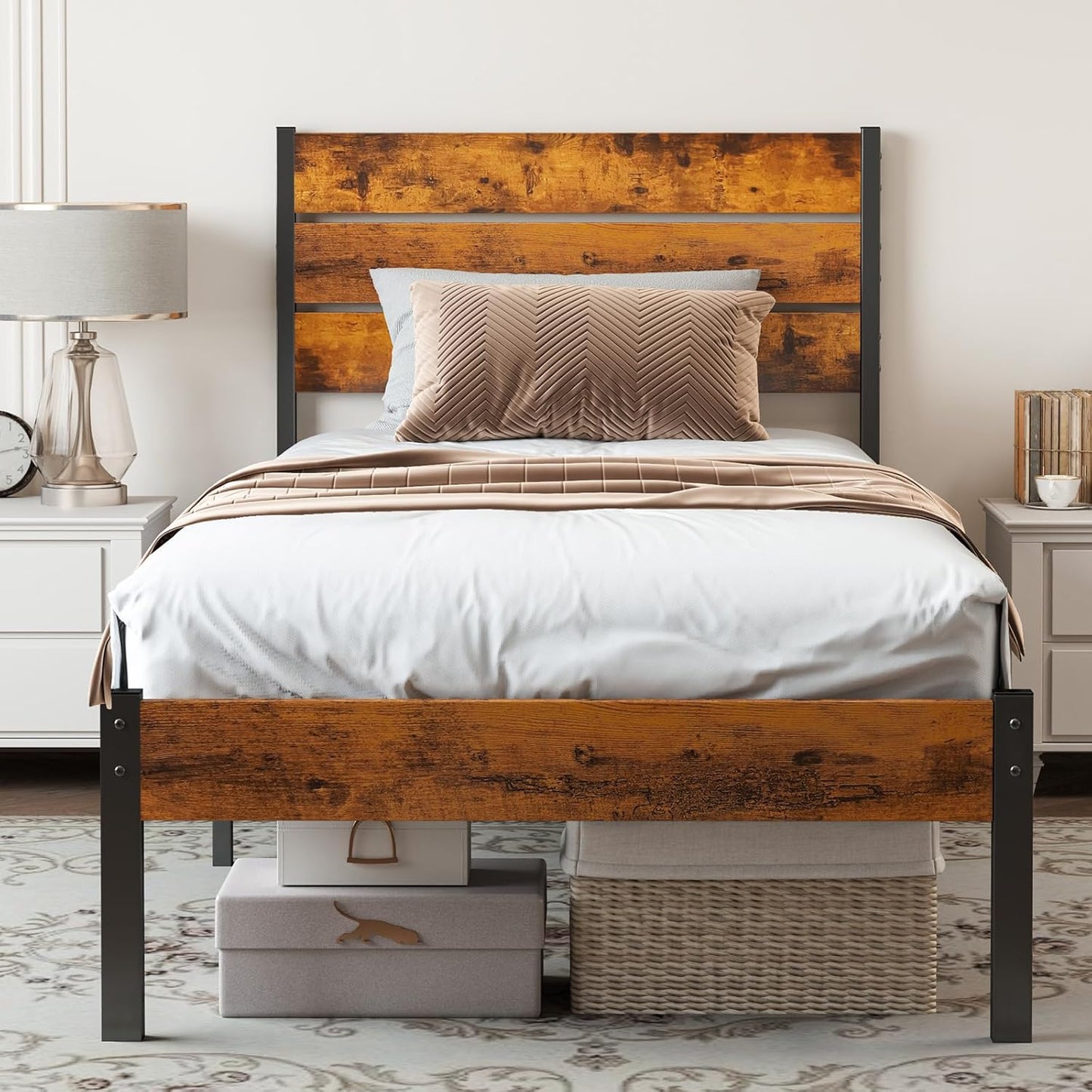 Twin Size Metal Platform Bed Frame - Mattress Foundation with Headboard and and Footboard, No Box Spring Needed with 700LBS Sturdy Wooden Slats Support, Noise Free, Easy Assembly