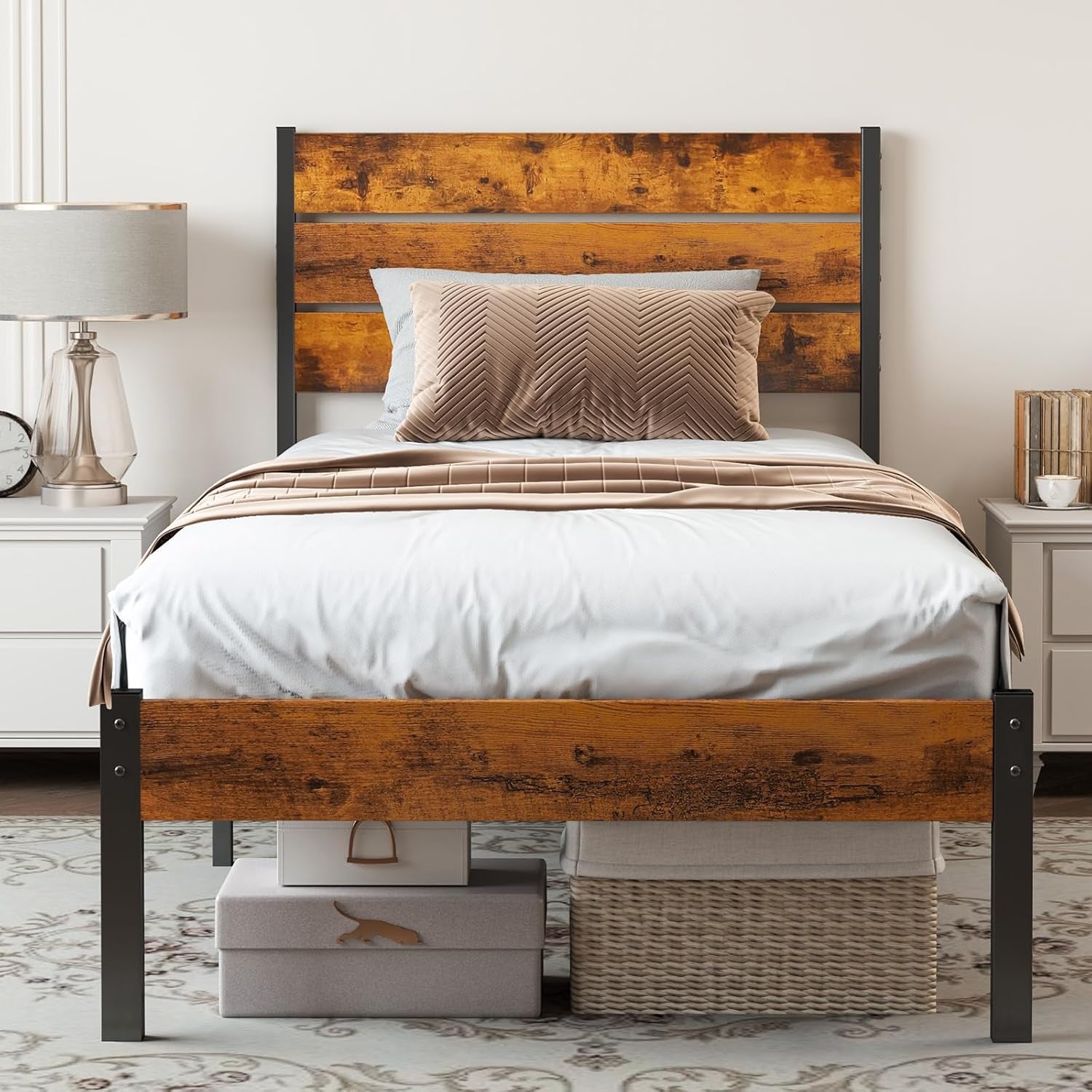 Twin Size Metal Platform Bed Frame - Mattress Foundation with Headboard and and Footboard, No Box Spring Needed with 700LBS Sturdy Wooden Slats Support, Noise Free, Easy Assembly