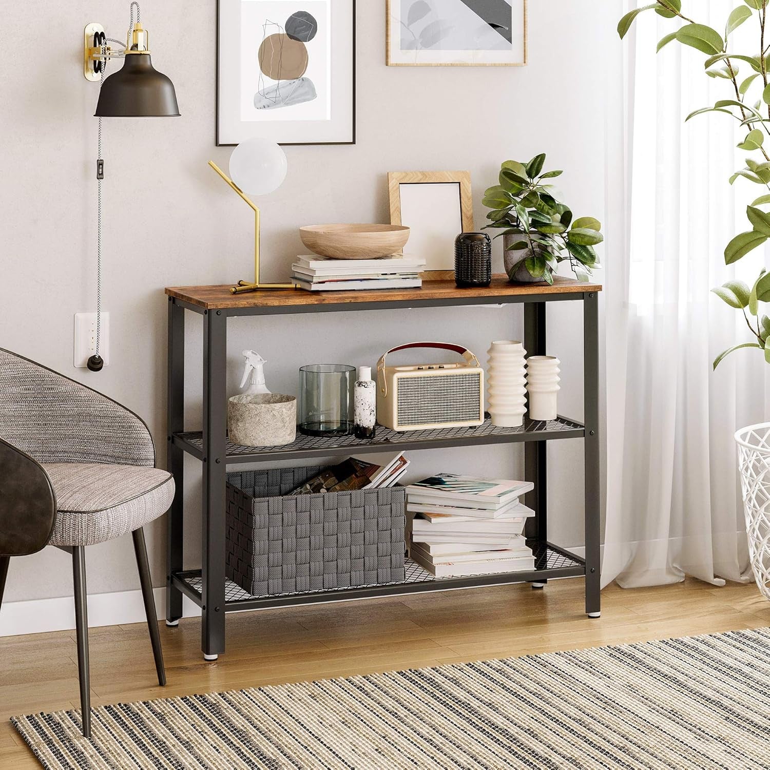 40" Industrial Console Table, 3 Tier Entryway Table with Storage Shelf, Narrow Sofa Tables for Living Room, Hallway, Entrance Hall, Corridor, Bedroom, Rustic Brown and Black ULNT81BX