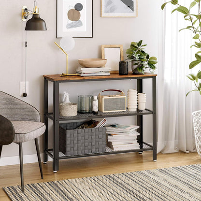 40" Industrial Console Table, 3 Tier Entryway Table with Storage Shelf, Narrow Sofa Tables for Living Room, Hallway, Entrance Hall, Corridor, Bedroom, Rustic Brown and Black ULNT81BX